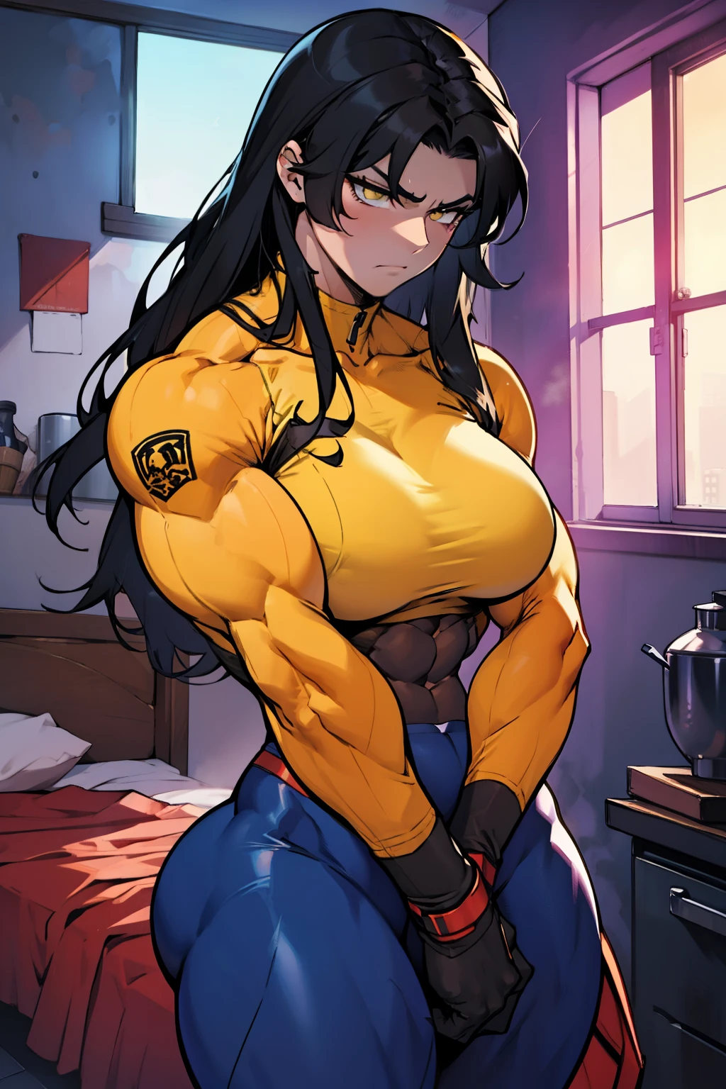 huge muscles huge breasts huge thighs pale skin black hair yellow eyes very long hair muscular girl disappointed disappointed disappointed disappointed skintight dimly lit room