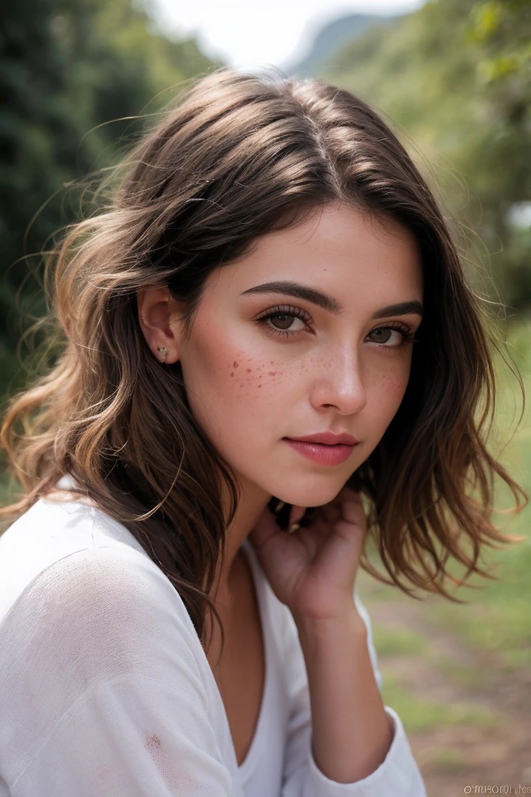 8k UHD, alta calidad , foto ultra realista cruda, professional photography , filmada con una Canon EOS 5D , Una mujer de tez blanca, con pecas, who has wavy brown hair, light brown eye color, con nariz respingada, labios gruesos y rosados. y que el fondo de la imagen sea la comuna 13 de Medellin colombia como si estuviera de viaje, y que la toma sea de cuerpo completo y ella esta en una pose casual, pero que la foto sea mas enfocada en el paisaje detras de ella