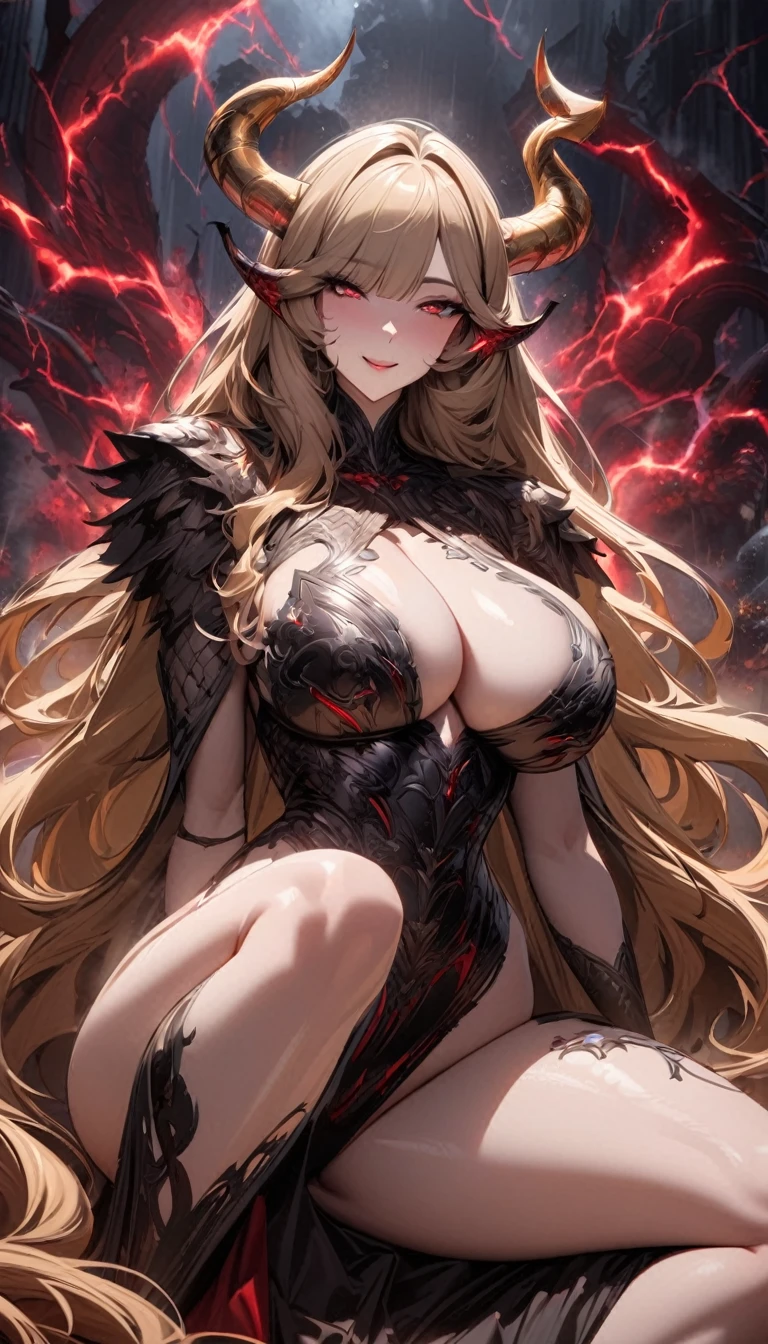 Masterpiece, very detailed, ultra detailed, one, (1 woman), she is in heavy snow-white detailed armor with glowing red details and in an elegant position, super mature, tall, milf style, mature mother, super long hair, bright golden hair, super golden hair and straight bangs, yellow demonic horns, beautiful, charming, bright blood-red reptile eyes, reptile eyes, super red eyes, bright eyes, elegant, six press packages, sports physique, ????????????? (huge), kind smile, valiant smile, charming, bright background, valiant environment, against the background of lightning and thunderstorms.