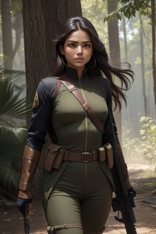 Amidst the brutality of a devastated battlefield, uma mulher soldado de beleza deslumbrante se destaca de forma marcante. Sua pele bronzeada pelo sol intenso reluz sob a sujeira e a poeira da guerra, while her expressive, bright eyes convey unwavering determination. O uniforme camuflado, Meticulously adjusted to your slim, athletic body, enhances your elegant silhouette. Cada movimento seu, mesmo em meio ao caos, exudes a natural grace, a combination of strength and femininity that is almost mesmerizing.
Seu rosto, sujo mas ainda inegavelmente belo, emoldurado por mechas de cabelo escapando do capacete, attracts looks of admiration and respect. With the rifle firmly held in your hands, she advances with sure steps, your posture emanating confidence and courage. Apesar da dureza do ambiente, His presence illuminates the scenery, a vision of beauty and resilience that becomes unforgettable amid the tumult of war.