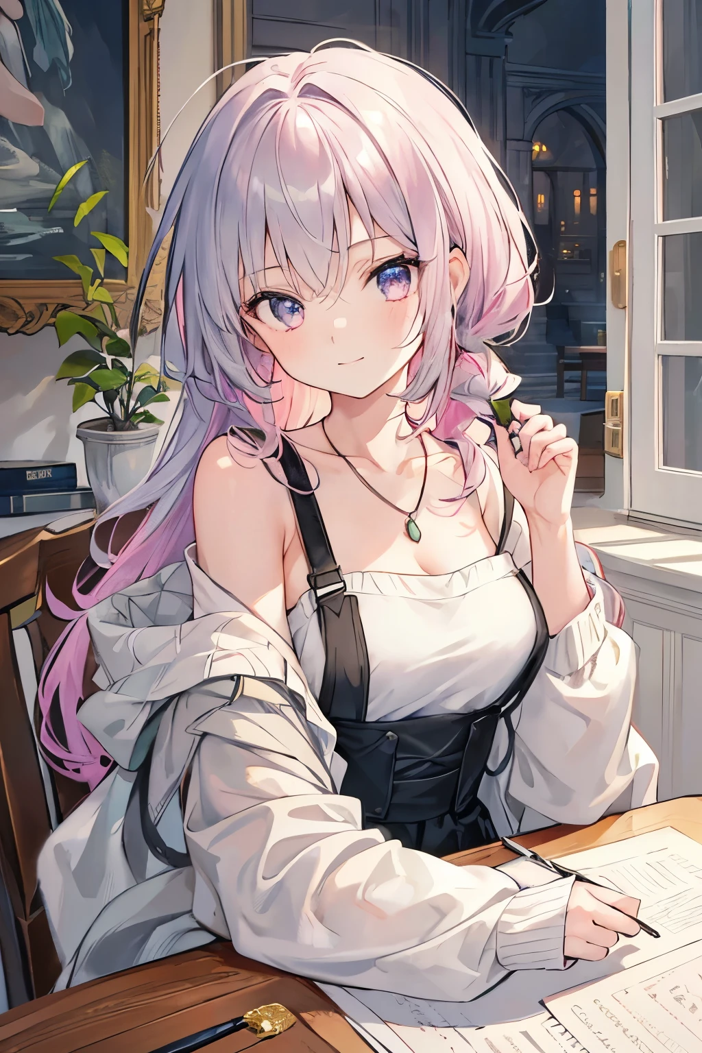 A girl with pink hair、and silver eyes is depicted in the painting. Her hair is messy and falls over her shoulders. She is wearing an off-the-shoulder sweatshirt. Shoulder dress、The medium used for the artwork is ideal for creating ultra-detailed and realistic portraits. The image is of the best quality, with a resolution of 4k or higher, making it a masterpiece. The painting has a soft color palette, with warm lighting that adds to the aged appearance. The overall color scheme is dominated by shades of gray. The girl's eyes are vibrant and captivating. She has freckles on her face and long flowing strands of hair. adding to her wise expression. The atmosphere of the painting is mysterious,She wears a necklace with a green rectangular stone, with a storytelling aura. The artwork is rich in details, resembling a detailed painting.smile
