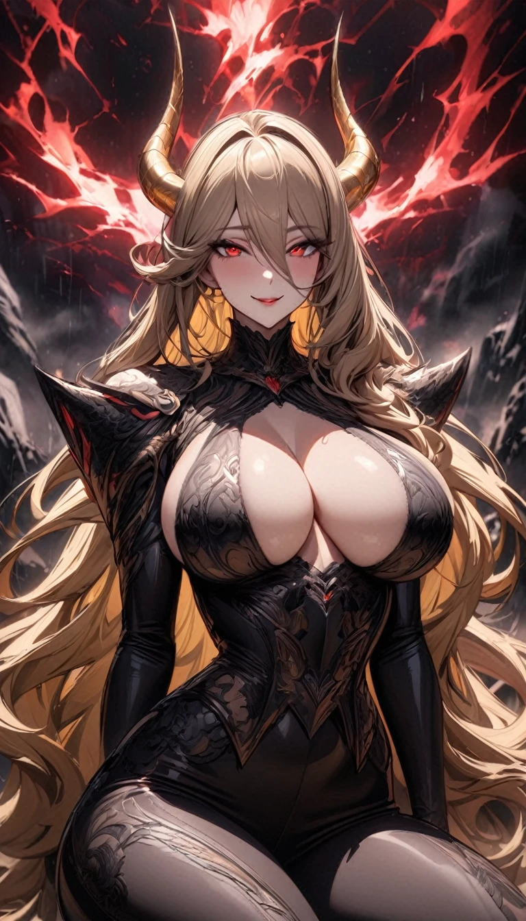 Masterpiece, very detailed, ultra detailed, one, (1 woman), she is in heavy snow-white detailed armor with glowing red details and in an elegant position, super mature, tall, milf style, mature mother, super long hair, bright golden hair, super golden hair and straight bangs, yellow demonic horns, beautiful, charming, bright blood-red reptile eyes, reptile eyes, super red eyes, bright eyes, elegant, six press packages, sports physique, large breasts (huge), kind smile, valiant smile, charming, bright background, valiant environment, against the background of lightning and thunderstorms.