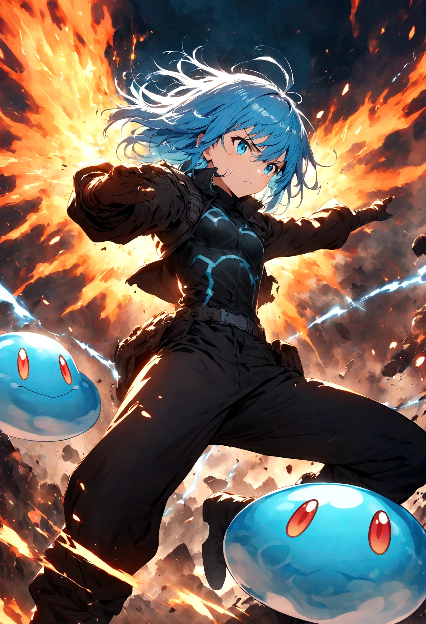 Rimuru Tempest,Create an action-packed battle scene featuring Rimuru Tempest from the manga and anime 'That Time I Got Reincarnated as a Slime'. Rimuru has blue hair and blue eyes, dressed in a stylish battle outfit like a black coat and boots. Capture him in a dynamic combat pose, perhaps casting a powerful spell or confronting an enemy, with a confident and determined expression. The background should depict a grand battlefield in a fantasy world, filled with magical effects and a war-torn landscape. Include intense special effects such as bursts of light, energy waves, and wind to emphasize the power of his magic. Highlight his aura and any transformation abilities, such as parts of his body showing his slime form. The scene should convey the intensity and drama of an epic battle.