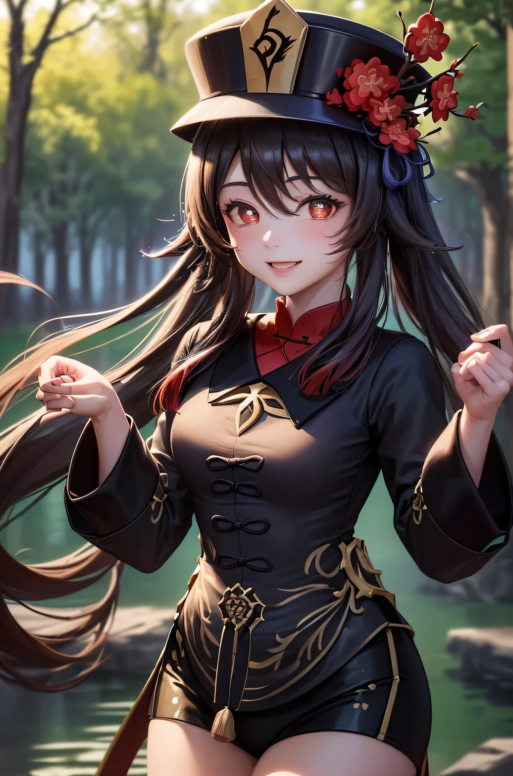 ((hutaodef)):1.5,((masterpiece,highest quality,Highly detailed images,Beautiful images、Realistic、Photorealistic、2.5D))((hutao images,In front of the lake in the woods、Fun pose、Bright natural light throughout、Backlight、A fantastic atmosphere、Dust flutters)),(Close-up image of hutao)、((small breasts))(smile)
