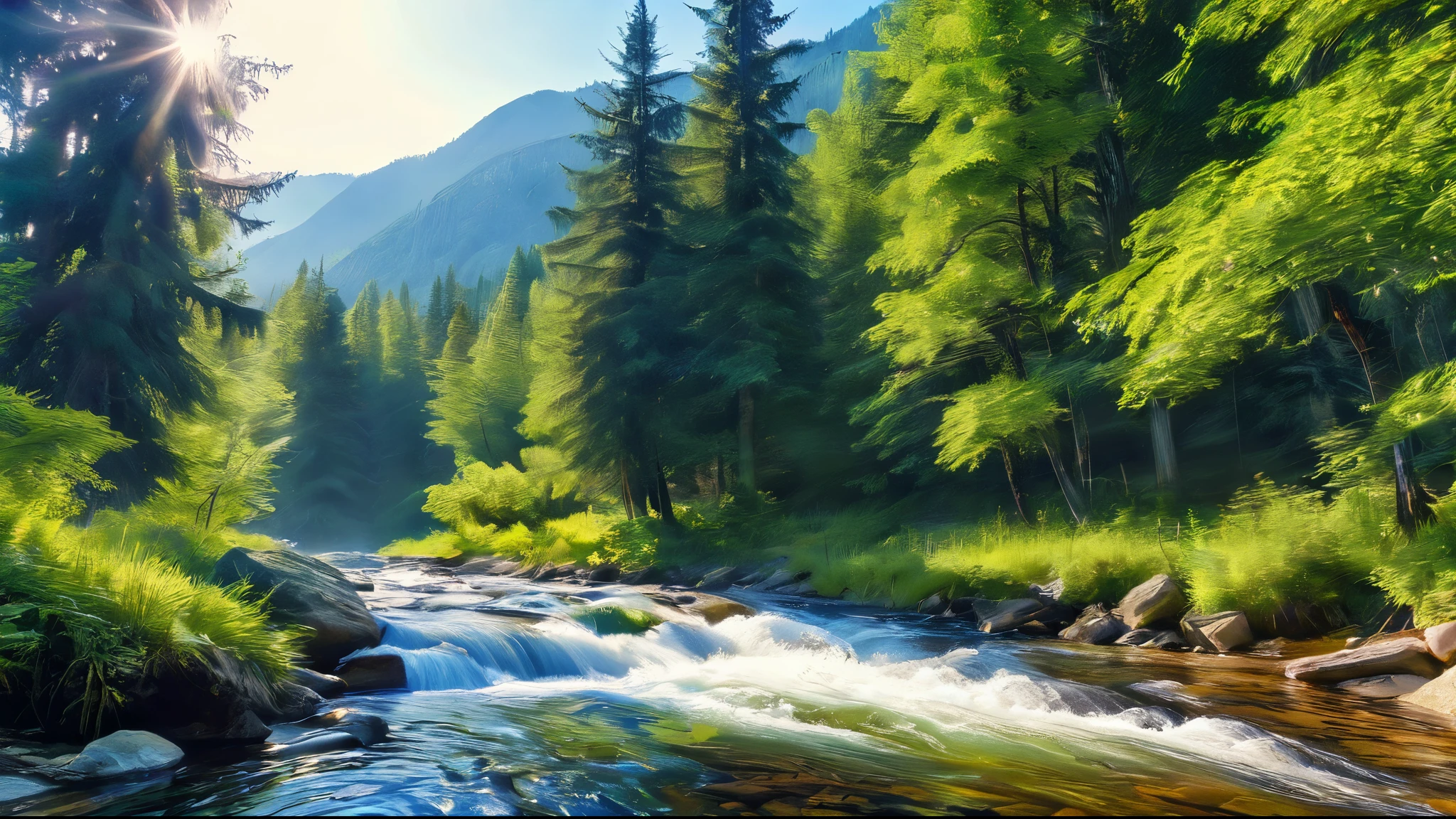 Spring into summer scene with a beautiful river running through the woods on a mountain