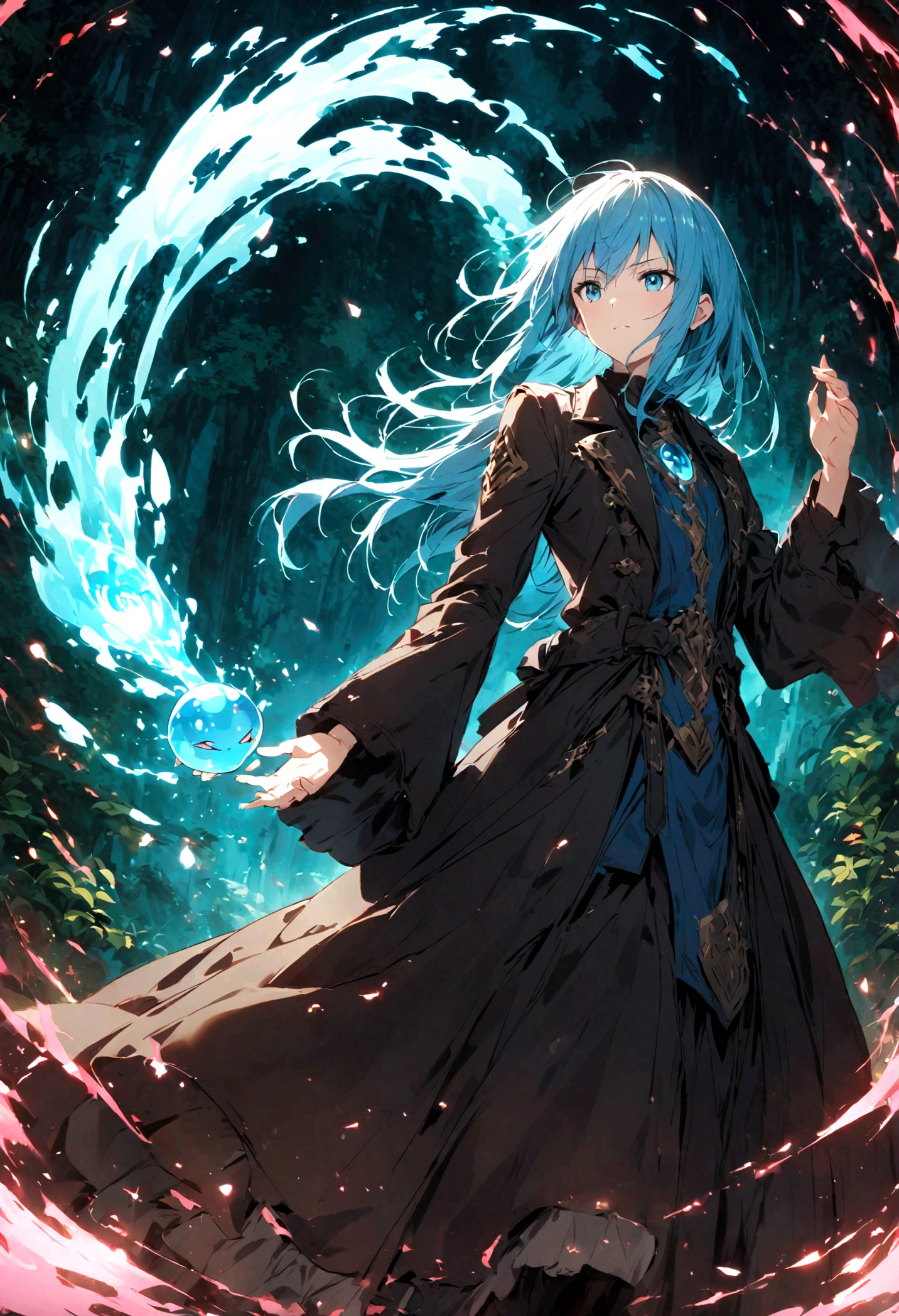 Rimuru Tempest,Create an image of Rimuru Tempest from the manga and anime 'That Time I Got Reincarnated as a Slime'. Rimuru has blue hair and blue eyes, and is often depicted in a stylish outfit, such as a black coat and boots. Show him in a friendly and calm demeanor, exuding both strength and wisdom. He can be in a relaxed standing pose or in the middle of using magic, with a confident expression. The background should depict a fantasy world, possibly a lush forest or a beautiful landscape. For battle scenes, include a grand battlefield or magical effects. Add special effects like magical energy, light, or wind to emphasize his abilities. Highlight his aura and the dramatic atmosphere.