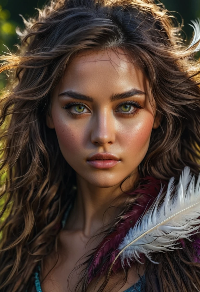 Close-Up of Face, a close-up portrait of a character, extremely detailed and realistic face, long flowing detailed hair, feathers, short fur, grassy background, epic dramatic lighting, photorealistic, 8k, masterpiece, (best quality,4k,8k,highres,masterpiece:1.2),ultra-detailed,(realistic,photorealistic,photo-realistic:1.37),detailed eyes, detailed lips, extremely detailed face, long eyelashes, beautiful detailed features, intricate textures, vivid colors, cinematic lighting, dramatic atmosphere, highly detailed environment, lush organic details