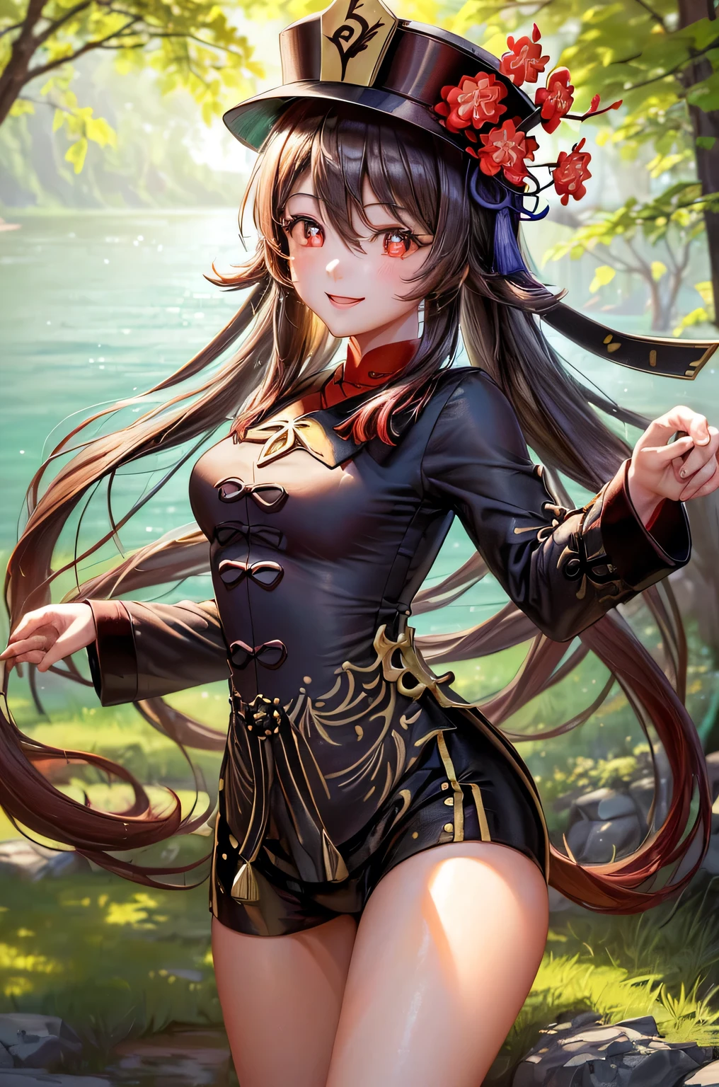 ((hutaodef)):1.5,((masterpiece,highest quality,Highly detailed images,Beautiful images、Realistic、Photorealistic、2.5D))((hutao images,In front of the lake in the woods、Fun pose、Bright natural light throughout、Backlight、A fantastic atmosphere、Dust flutters)),(Close-up image of hutao)、((small breasts))(smile)