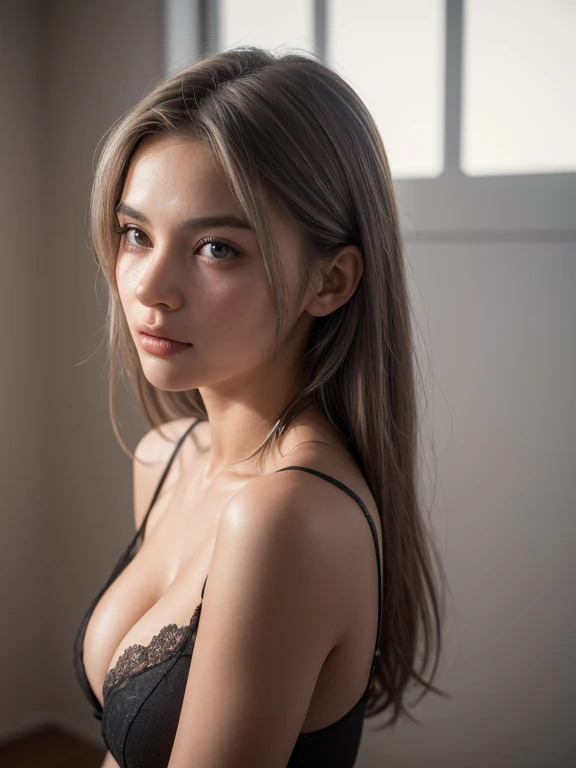 ((best quality)), ((masterpiece)), (detailed),sexy beautiful alluring girl , full body, (best quality, highres, ultra-detailed, realistic:1.37), grey-haired girl looking frontal to the camera , rolling her eyes, wearing a hair ribbon. The girl's hair is textured and the lighting is from above, creating realistic shadows, damp, cleavage