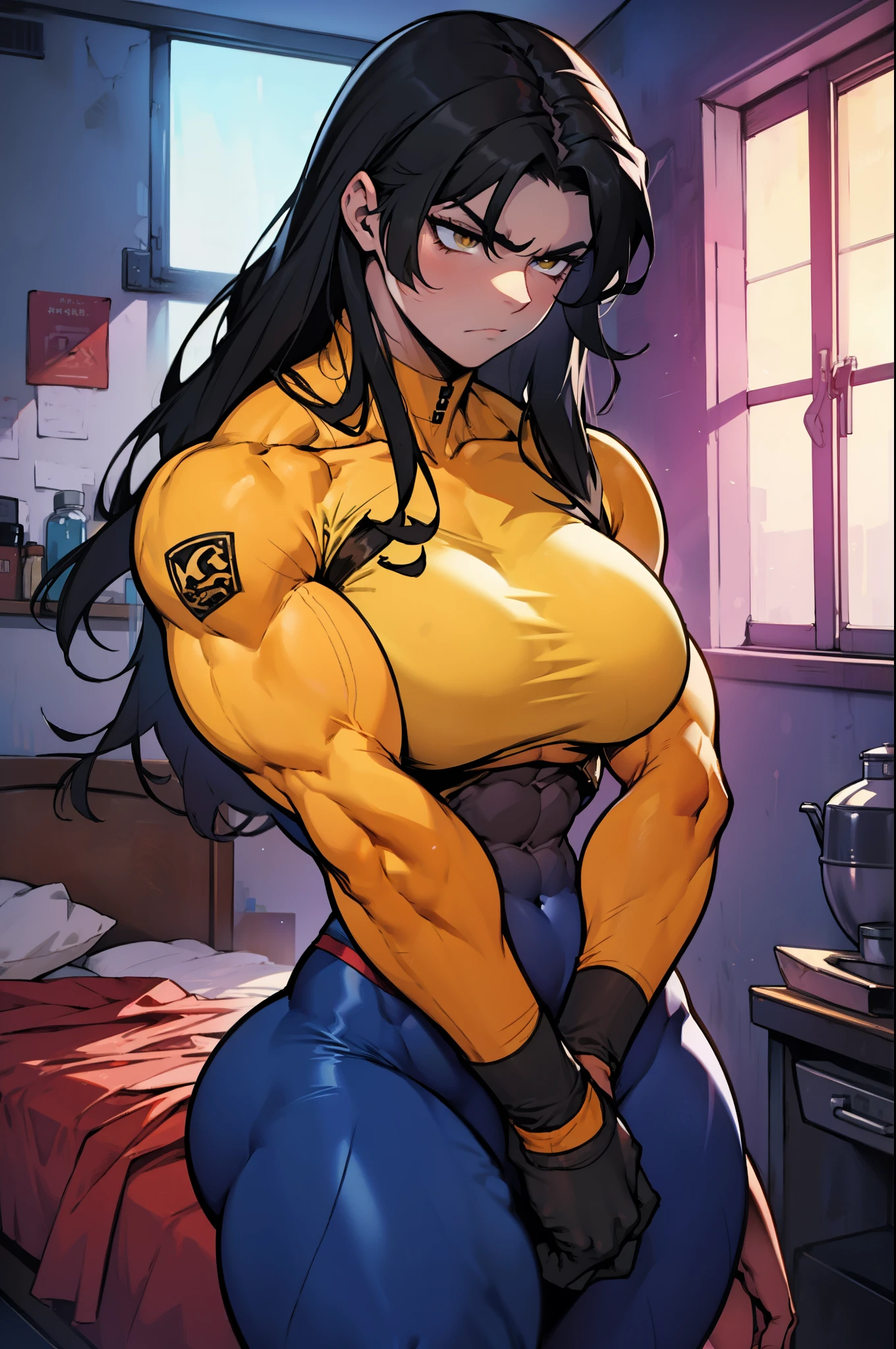 huge muscles huge breasts huge thighs pale skin black hair yellow eyes very long hair muscular girl disappointed disappointed disappointed disappointed skintight dimly lit room