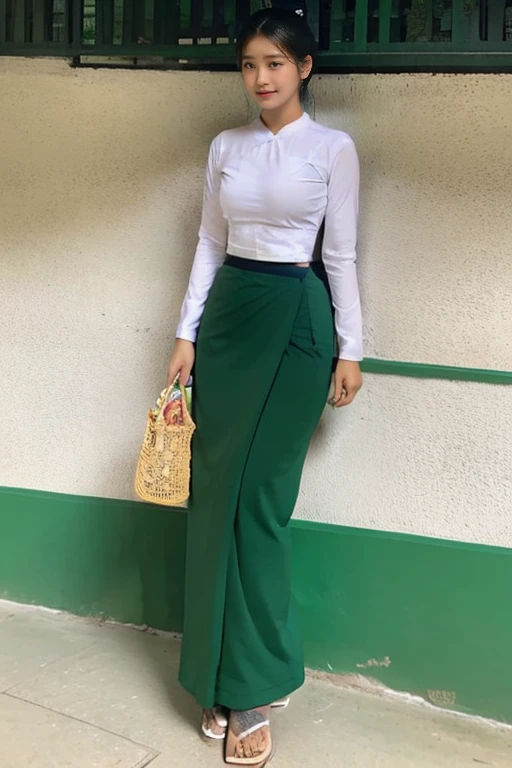 A school teacher is 30years old.Tall, thin, big hips, big breasts, black hair, small lips, brown eyes, attractive, K.Top=white Burmese blouse,With long sleeves,Buttoned at the side.Bottom=(Dark green) long skirt.
Footwear=female Burmese sandals,The hair is knotted bun.