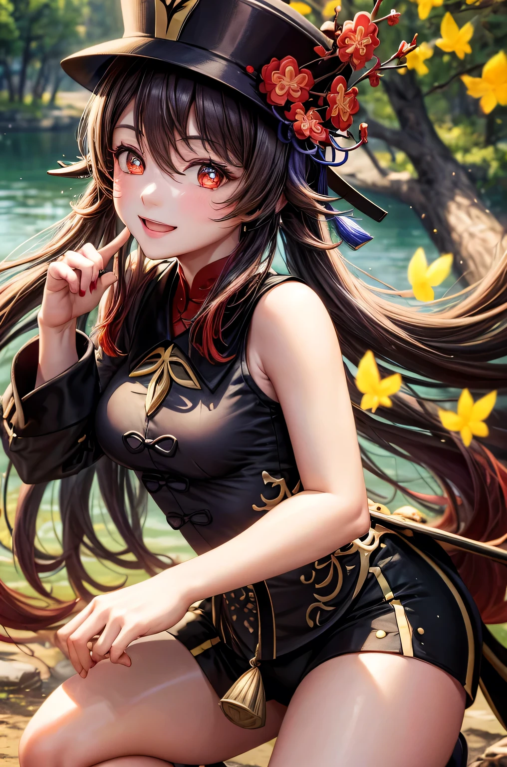 ((hutaodef)):1.5,((masterpiece,highest quality,Highly detailed images,Beautiful images、Realistic、Photorealistic、2.5D))((hutao images,In front of the lake in the woods、Fun pose、Bright natural light throughout、Backlight、A fantastic atmosphere、Dust flutters)),(Close-up image of hutao)、((small breasts))(smile)Deformed human soul