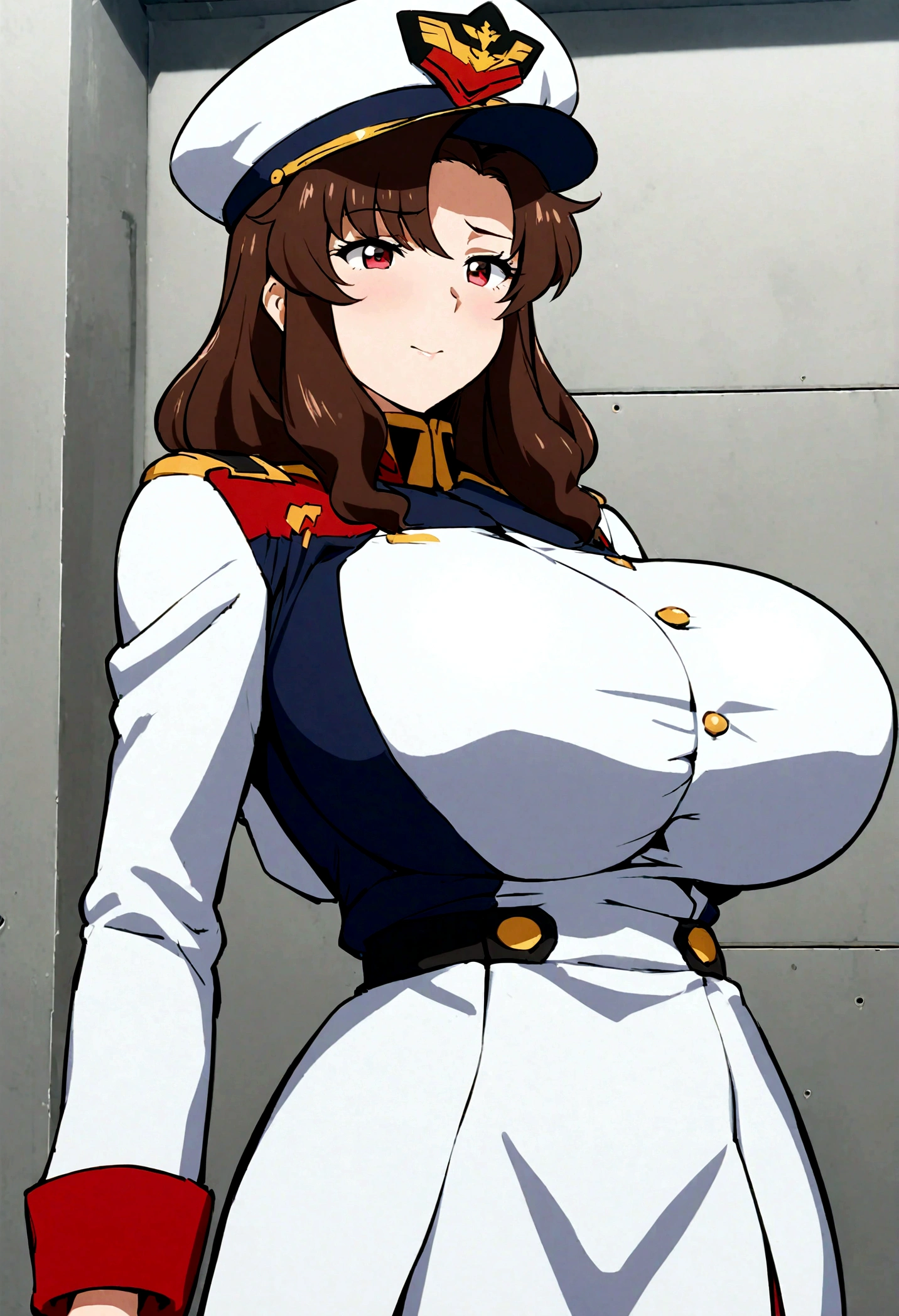 1girl, murrue ramius, gundam, elegant navy officer uniform, navy captain hat, covered gigantic breasts