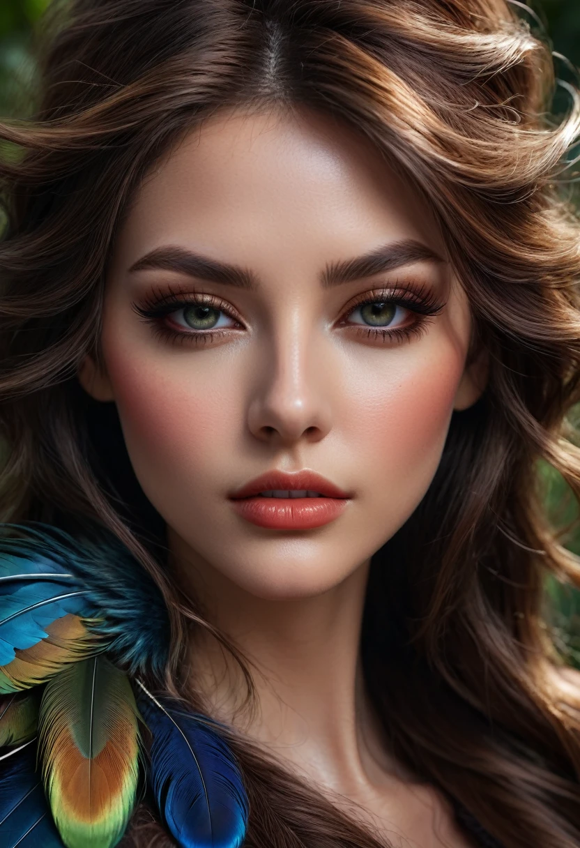 Close-Up of Face, a close-up portrait of a character, extremely detailed and realistic face, long flowing detailed hair, feathers, short fur, grassy background, epic dramatic lighting, photorealistic, 8k, masterpiece, (best quality,4k,8k,highres,masterpiece:1.2),ultra-detailed,(realistic,photorealistic,photo-realistic:1.37),detailed eyes, detailed lips, extremely detailed face, long eyelashes, beautiful detailed features, intricate textures, vivid colors, cinematic lighting, dramatic atmosphere, highly detailed environment, lush organic details