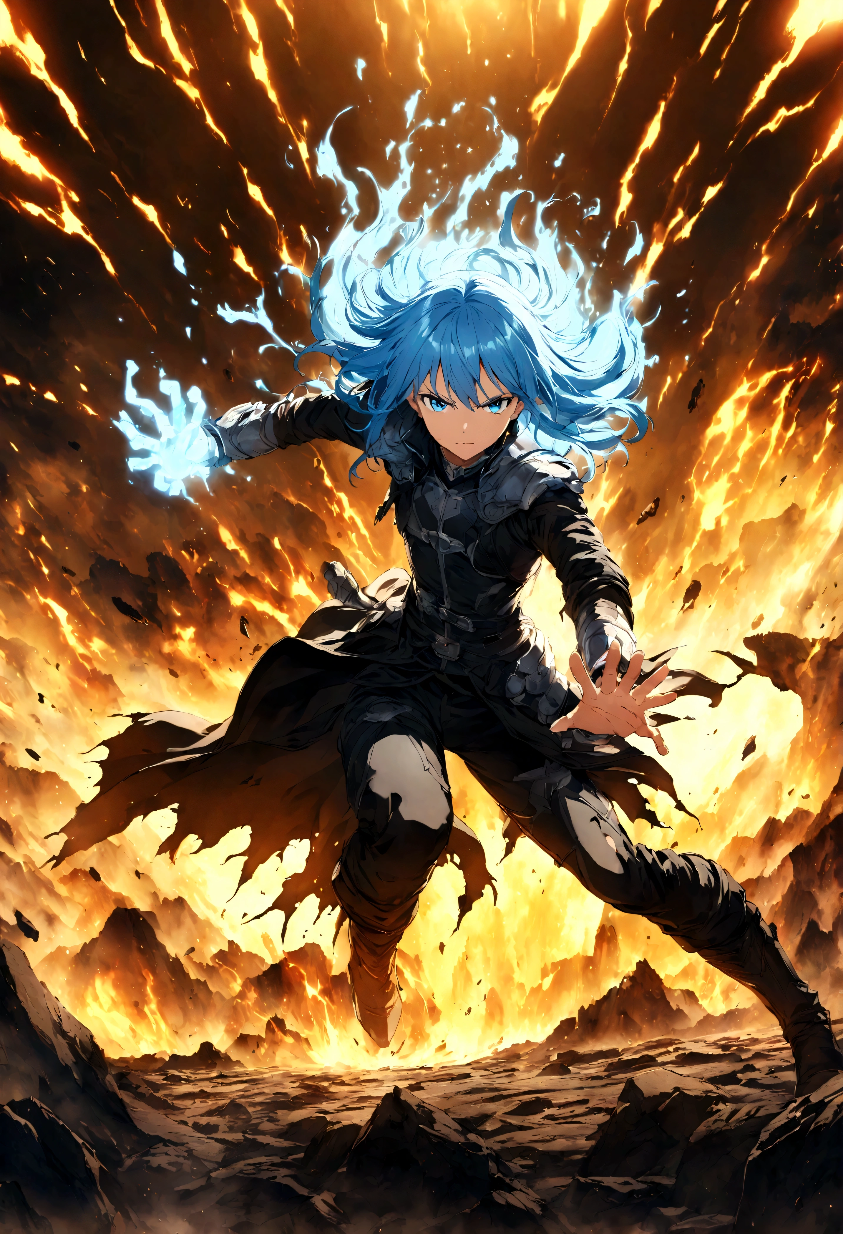 Rimuru Tempest,Create an action-packed battle scene featuring Rimuru Tempest from the manga and anime 'That Time I Got Reincarnated as a Slime'. Rimuru has blue hair and blue eyes, dressed in a stylish battle outfit like a black coat and boots. Capture him in a dynamic combat pose, perhaps casting a powerful spell or confronting an enemy, with a confident and determined expression. The background should depict a grand battlefield in a fantasy world, filled with magical effects and a war-torn landscape. Include intense special effects such as bursts of light, energy waves, and wind to emphasize the power of his magic. Highlight his aura and any transformation abilities, such as parts of his body showing his slime form. The scene should convey the intensity and drama of an epic battle.