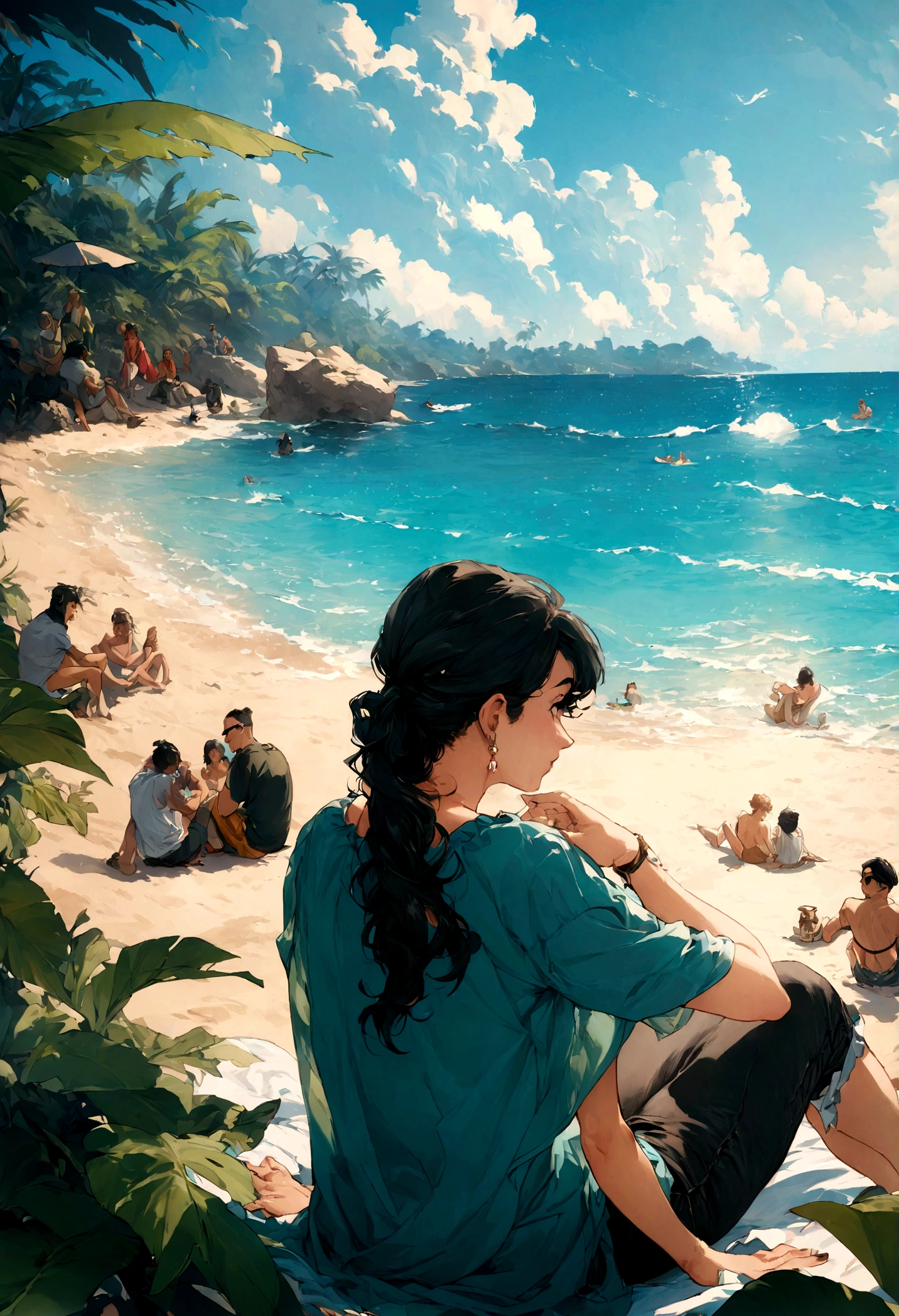 Best quality, High_Resolution, distinct_image, Detailed background ,people sitting at the beach