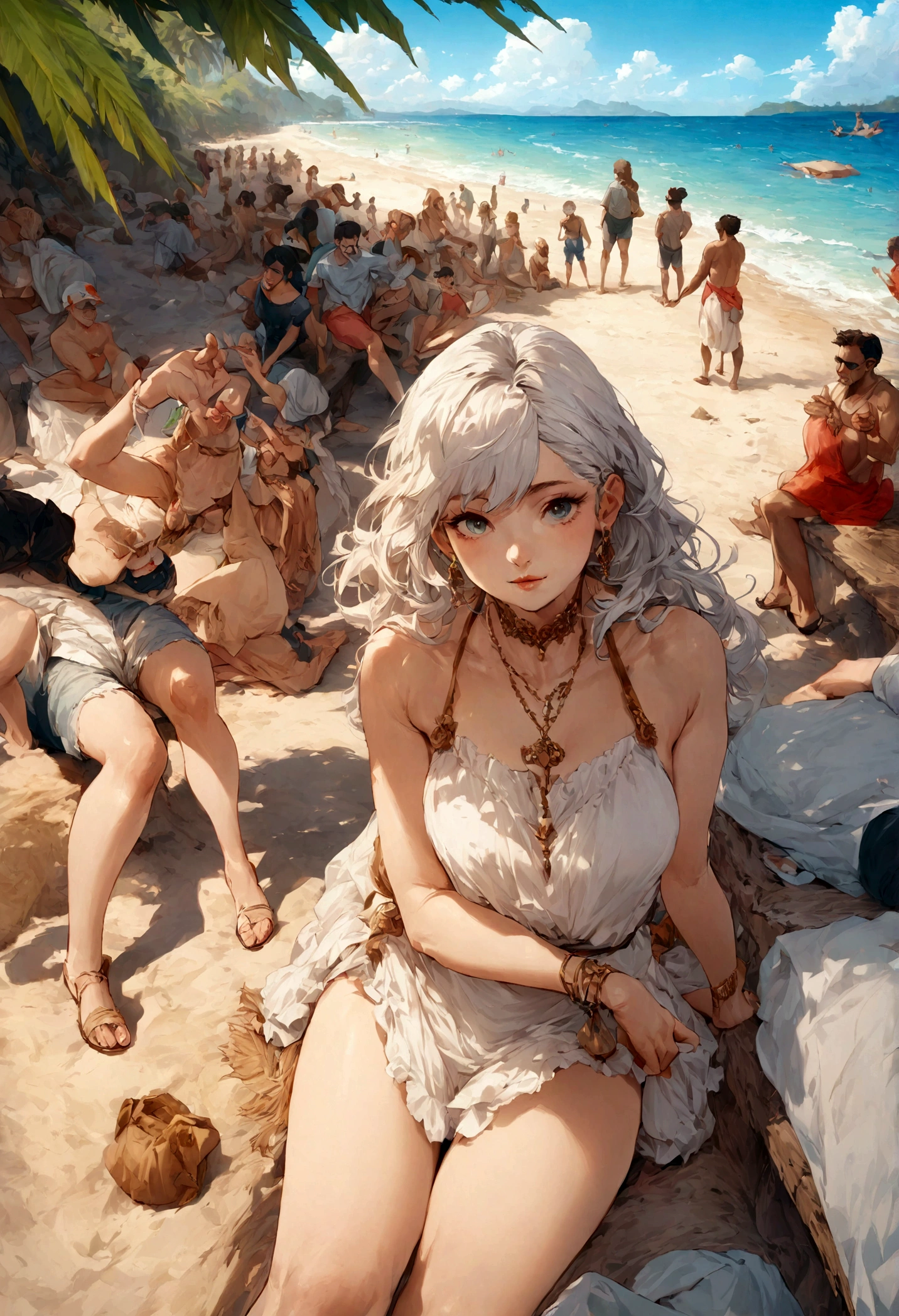 Best quality, High_Resolution, distinct_image, Detailed background ，people sitting at the beach