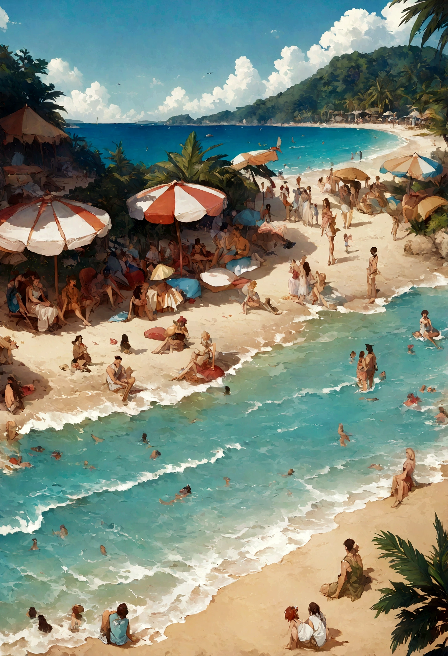 Best quality, High_Resolution, distinct_image, Detailed background ，people sitting at the beach