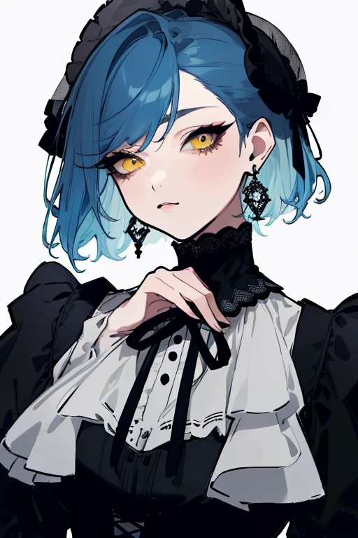 (highest quality、masterpiece:1.2), ((Mature Woman))Huge , Adult face、Blue Hair、Both sides up、Yellow Eyes, (Dark eyeshadow、Lots of earrings) Gothic Dress, Black Dress, Victorian dress