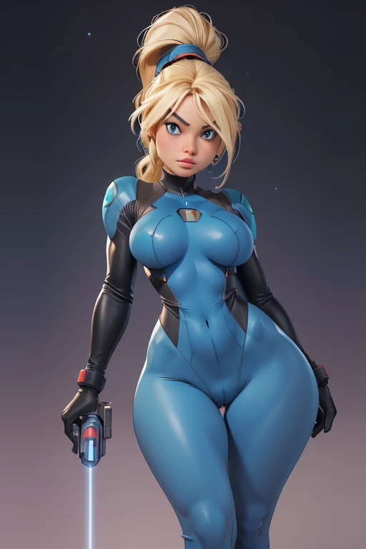 (masterpiece), best quality, expressive eyes, perfect face, (alien spaceship background), (posing), (serious look), (closeup view), (1girl, age 18+, Margot Robbie, fair skin, blonde hair, long hair, ponytail hairstyle, blue eyes, hourglass figure, thin body, skinny body, large breasts, huge breasts, oppai, wide hips, thick thighs), (samus aran zero suit outfit, aqua_blue skin tight body suit, cameltoe, laser gun in hand),