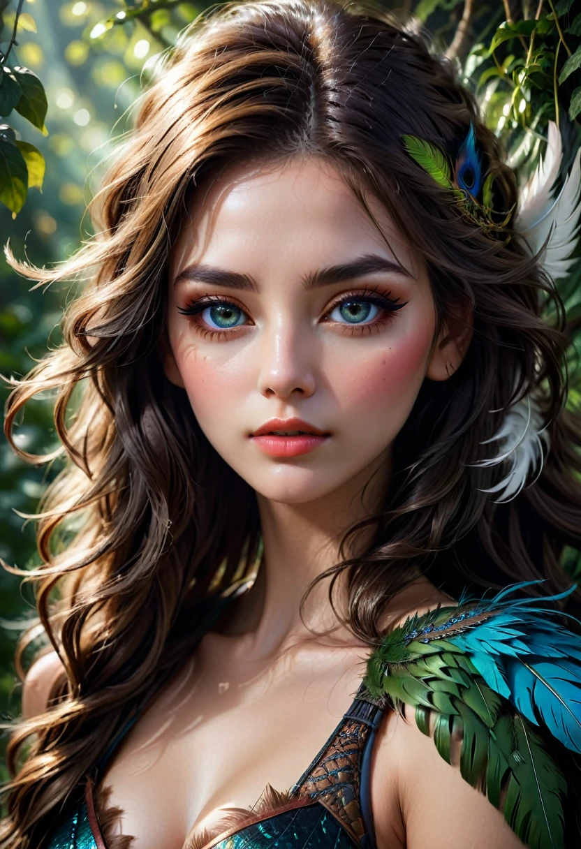 Close-Up of Face, a close-up portrait of a character, extremely detailed and realistic face, long flowing detailed hair, feathers, short fur, grassy background, epic dramatic lighting, photorealistic, 8k, masterpiece, (best quality,4k,8k,highres,masterpiece:1.2),ultra-detailed,(realistic,photorealistic,photo-realistic:1.37),detailed eyes, detailed lips, extremely detailed face, long eyelashes, beautiful detailed features, intricate textures, vivid colors, cinematic lighting, dramatic atmosphere, highly detailed environment, lush organic details