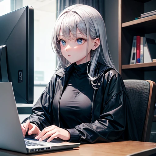 sitting working on a laptop、A young woman with gray hair wearing a black T-shirt and a blue coat, Her power is technology, Semi realism