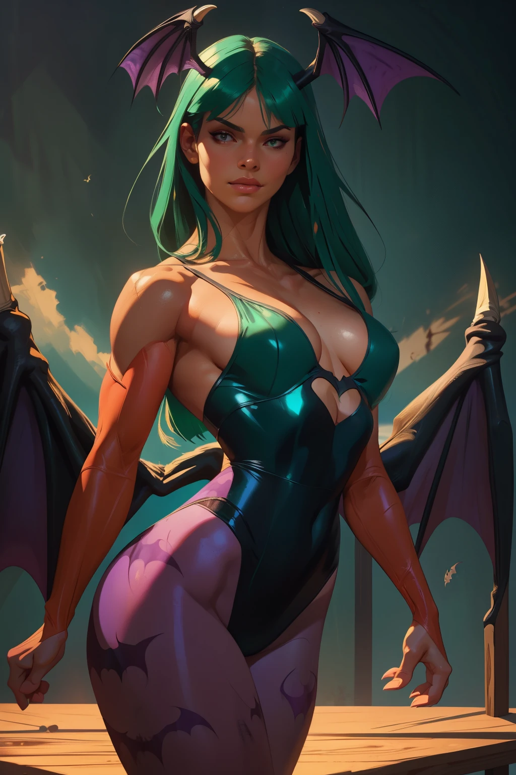 Realistic oil paint portrait of Morrigan Aensland, moonlight, hot Body, ((Dynamic pose)), soft smile, long green hair black costume , (((Bat wings))) , Hot body, athletic, purple legs, detailed skin Textures, intricate, detailed face, hyperrealistic, realistic light and shadows . (((Poetic cinematic lighting background))).