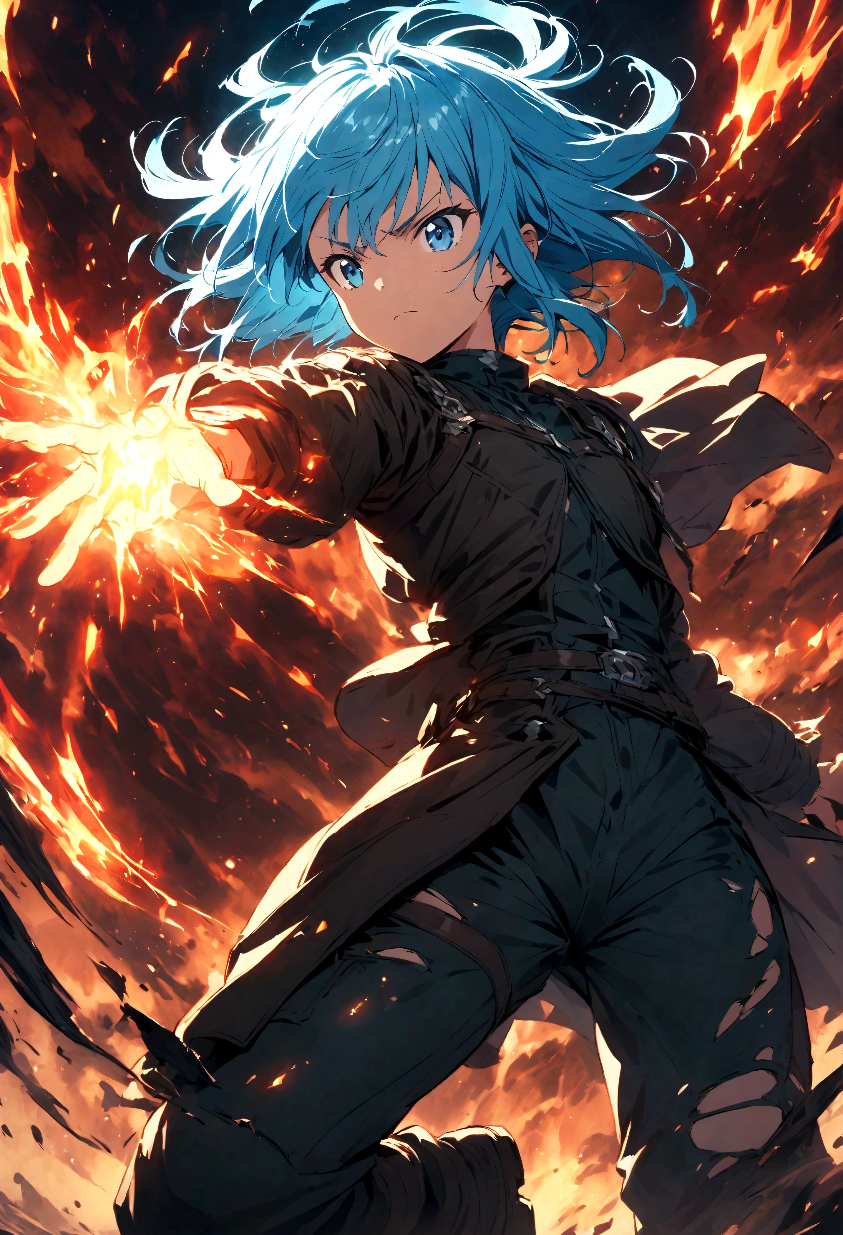 Rimuru Tempest,Create an action-packed battle scene featuring Rimuru Tempest from the manga and anime 'That Time I Got Reincarnated as a Slime'. Rimuru has blue hair and blue eyes, dressed in a stylish battle outfit like a black coat and boots. Capture him in a dynamic combat pose, perhaps casting a powerful spell or confronting an enemy, with a confident and determined expression. The background should depict a grand battlefield in a fantasy world, filled with magical effects and a war-torn landscape. Include intense special effects such as bursts of light, energy waves, and wind to emphasize the power of his magic. Highlight his aura and any transformation abilities, such as parts of his body showing his slime form. The scene should convey the intensity and drama of an epic battle.