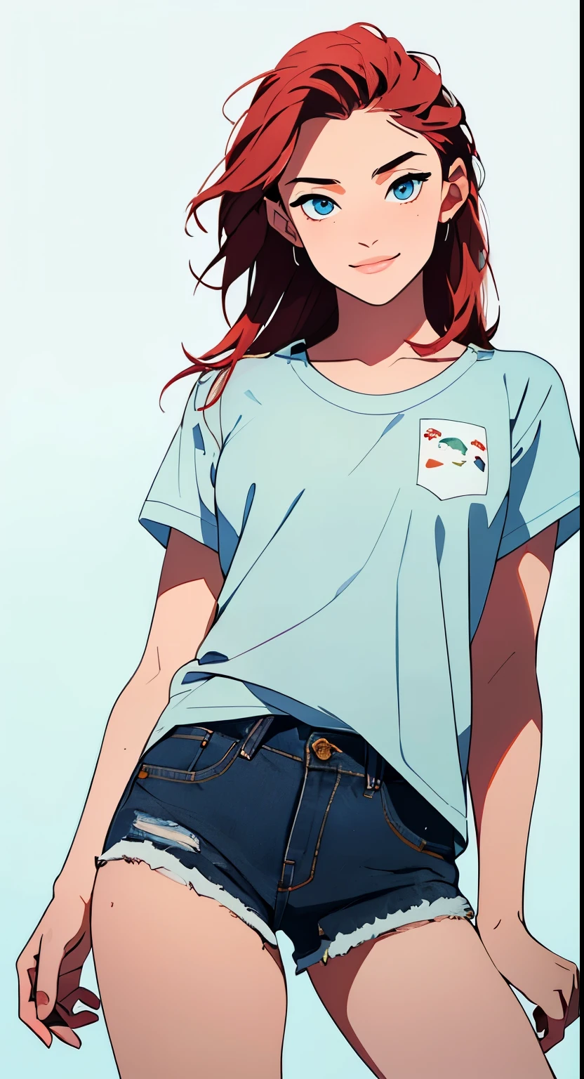 masterpiece, best quality, full body,1girl,the highest image quality, 21 year old girl, red hair, long hair, light blue eyes, tight white graphic t-shirt, and denim shorts, medium breasts, White background, empty background whole body , neutral pose, smiling