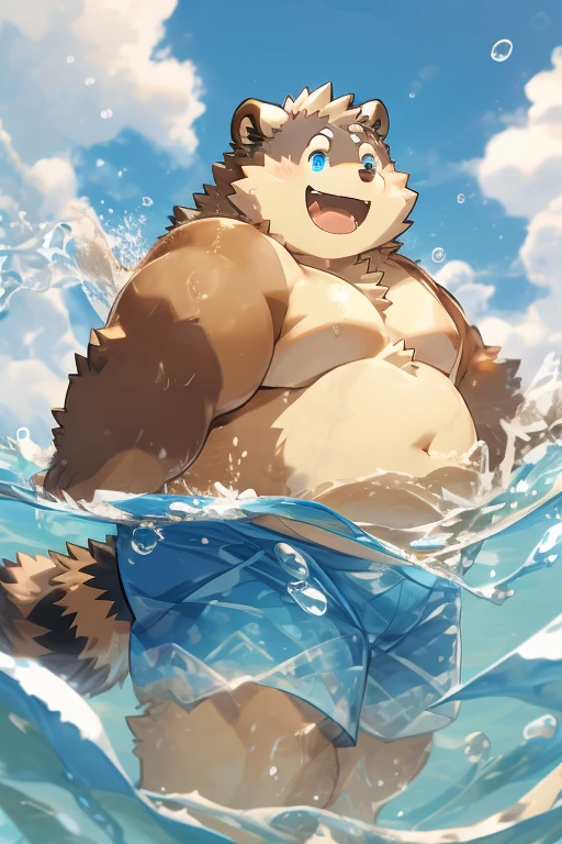 raccoon，overweight，只有swim短裤，in the sea，Tanned skin，blue eyes，cute，happy，Playing in the water，swim圈，Back photo，swim，obesity，