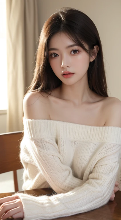 On the table, best quality, number, Super detailed, Finely, high resolution, 8k wallpaper, 完璧なダイナミックな構number, Delicate and beautiful eyes, Off-shoulder knitted women's clothing'Fashion,curls,、Natural lip color, Bold sexy pose,Smile,Harajuku、20 year old girl、Lovely、Sexy shot looking at camera,Super realistic original photoini skirt:1.1),(whole body:1.3)