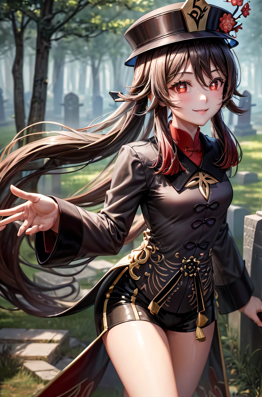 ((hutaodef)):1.5,((masterpiece,highest quality,Highly detailed images,Beautiful images、Realistic、Photorealistic、2.5D))((hutao images,A graveyard in a dark forest、Many gravestones、Fun pose、Bright natural light throughout、Backlight、A fantastic atmosphere、Dust flutters)),(Close-up image of hutao)、((small breasts))(smile)Deformed human soul
