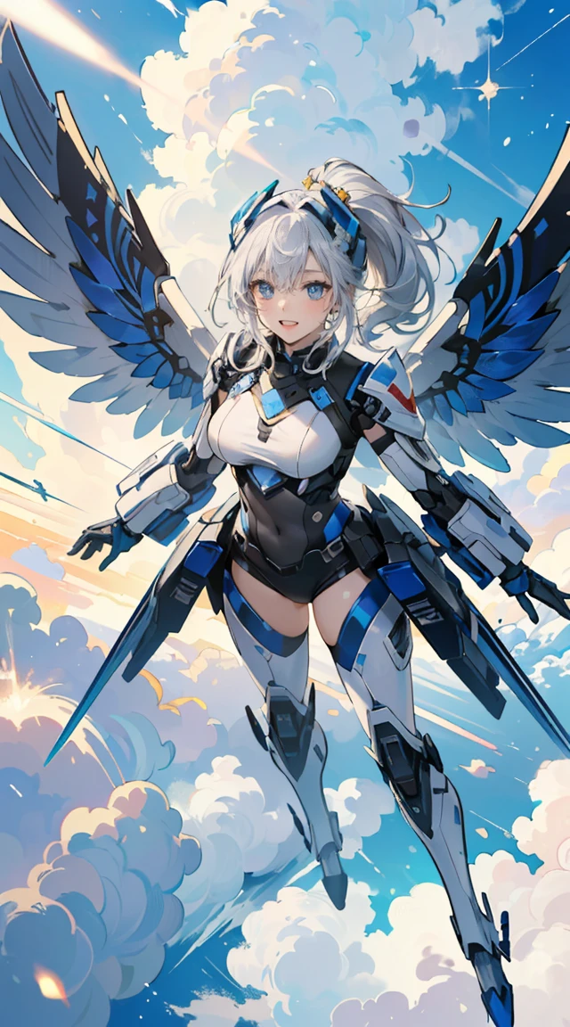 (masterpiece, highest quality, wonderful, Very detailedなアジェクターUnity、8k wallpaper, Depth of written boundary, Ultra-fine illustration:1.5)、3D, Very detailed, (whole body、Mecha Girl:1.3), Sci-Fi Battlefield, Hawken, smile, Open your mouth, Short Ponytail, (Grey-haired blonde, Deep blue eyes:1.2), Sparkling eyes, cute顔, cute, Big Breasts, Delicate Hair, Disheveled Hair, (((Fly high))、blue sky, White cloud), Shiny Hair, Shiny skin, (Symmetrical mechanical wing、Metallic colored mechanical wings that are widely expanded to the left and right so that they protrude wonderfully from the screen, headgear, White hair ornament), (Particles of light, Cinema Lighting: 1.3), (Pale pink lips: 0.8), by Yusuke Murata.