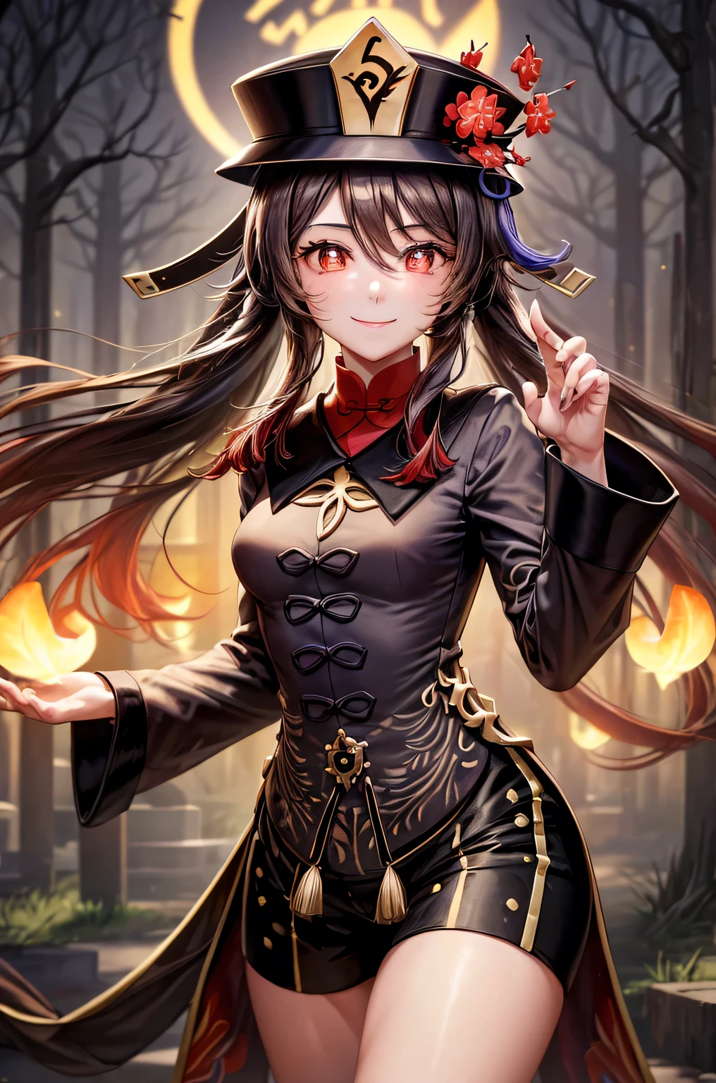 ((hutaodef)):1.5,((masterpiece,highest quality,Highly detailed images,Beautiful images、Realistic、Photorealistic、2.5D))((hutao images,A graveyard in a dark forest、Many gravestones、Fun pose、Bright natural light throughout、Backlight、A fantastic atmosphere、Dust flutters)),(Close-up image of hutao)、((small breasts))(smile)Deformed human soul