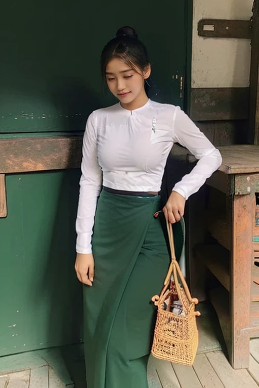 A school teacher is 30years old.Tall, thin, big hips, big breasts, black hair, small lips, brown eyes, attractive, K.Top=white Burmese blouse,With long sleeves,Buttoned at the side.Bottom=(Dark green) long skirt.
Footwear=female Burmese sandals,The hair is knotted bun.