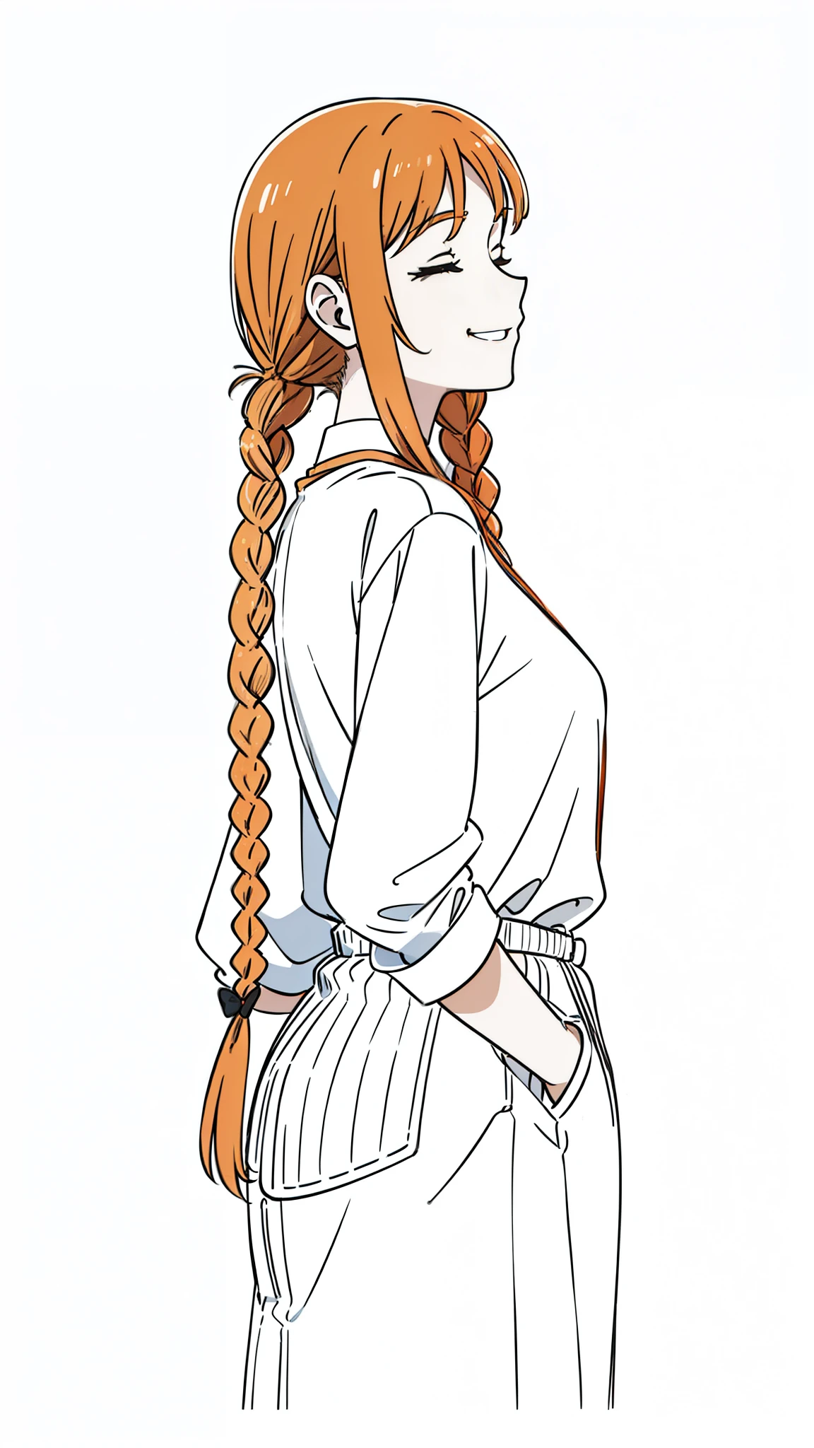 (1girl,20 years old,mature female,solo),tiger ears,long hair,(twin braids),orange hair,casual outfit,(white background,line drawing),upper body,closed eyes, smile,teeth,(back view)