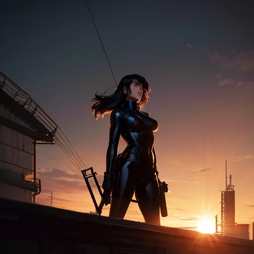 (Famous Paintings:1.2,highest quality,Super detailed,Powerful backlight:1.3,silhouette:1.45),, , //character, 1 Solo Female Mercenary,Ghost in the Shell kusanagi motoko,One eye is glowing red:1.2,Expression: Murderous expression,Overlooking the city.Black leather tight suit:1.2, Hand with a huge anti-tank rifle (Winchester Williams .50),Standing pose,(Looking up angle:1.35), , //background, in Rooftop of a building at night background:1.2,,8k,Unreal Engine 5.Unity.Octanellender