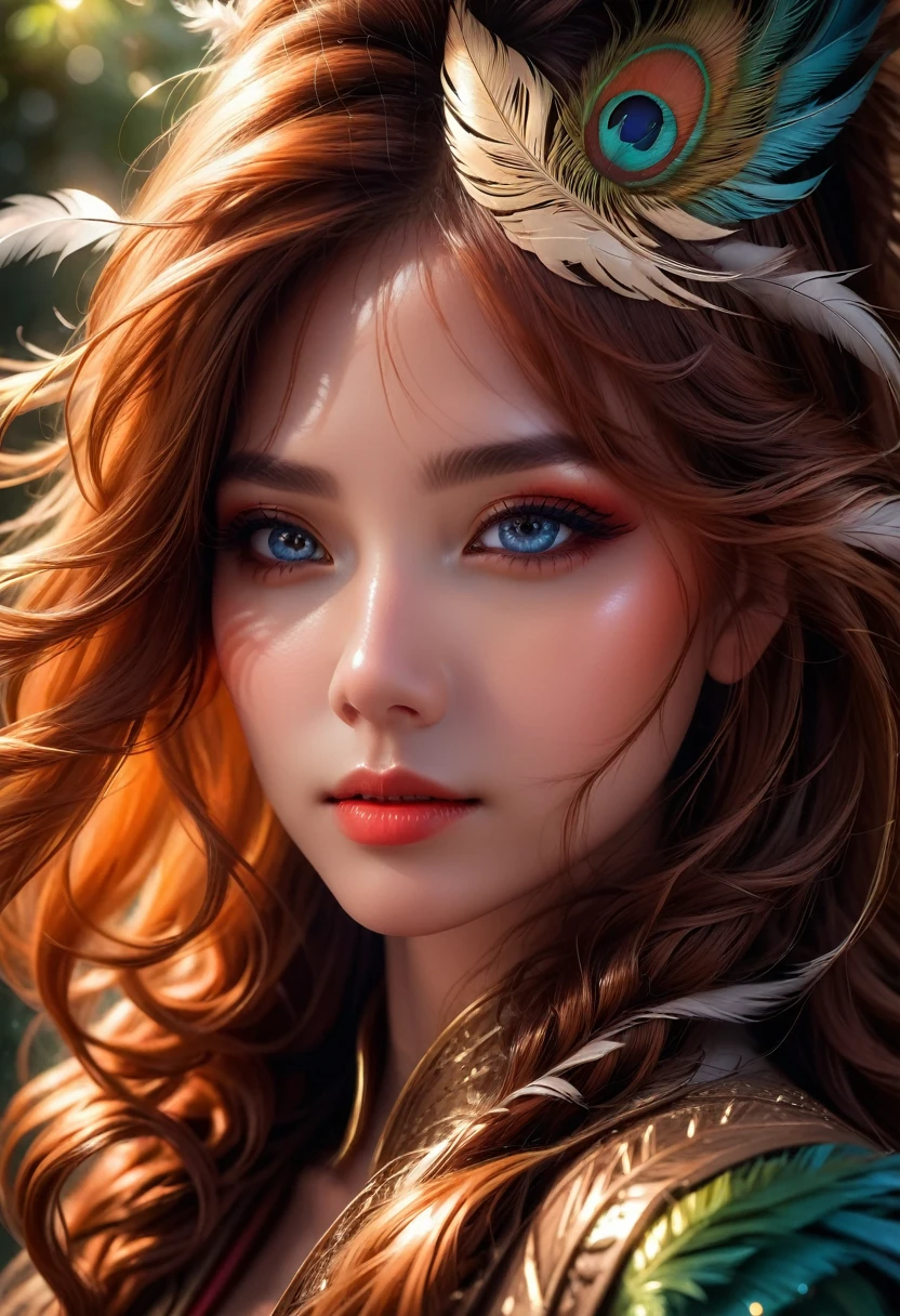 Close-Up of Face, a close-up portrait of a character, extremely detailed and realistic face, long flowing detailed hair, feathers, short fur, grassy background, epic dramatic lighting, photorealistic, 8k, masterpiece, (best quality,4k,8k,highres,masterpiece:1.2),ultra-detailed,(realistic,photorealistic,photo-realistic:1.37),detailed eyes, detailed lips, extremely detailed face, long eyelashes, beautiful detailed features, intricate textures, vivid colors, cinematic lighting, dramatic atmosphere, highly detailed environment, lush organic details