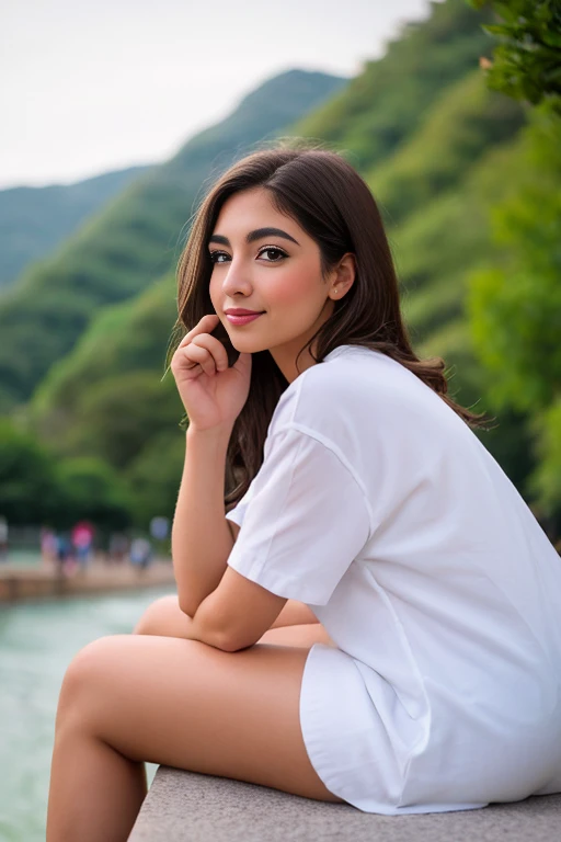 8k UHD, alta calidad , foto ultra realista cruda, professional photography , filmada con una Canon EOS 5D , Una mujer de tez blanca, con pecas, who has wavy brown hair, light brown eye color, con nariz respingada, labios gruesos y rosados. y que el fondo de la imagen sea la comuna 13 de Medellin colombia como si estuviera de viaje, y que la toma sea de cuerpo completo y ella esta en una pose casual, pero que la foto sea mas enfocada en el paisaje detras de ella