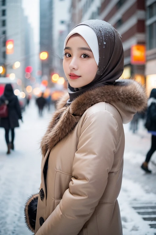 japanese muslim girl, pasmina hijab, perfect body figure, fur puffer winter jacket, light brown jacket, snowy city landscape