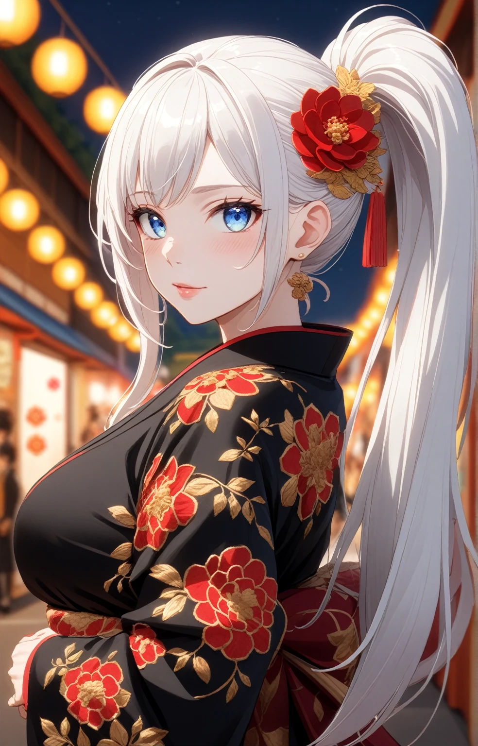 ((one personの女性)), Beautiful Face,Embarrassed,turn bright red,Glossy pink lips,night,Summer festival,((Anime style background)),masterpiece, highest quality, so beautiful, Latest, Complex details, (Pink long nails),AI-generated, Complex,High resolution, highest quality, super high quality,3D Images、View your viewers、3D Images,one person,Long white hair,High Ponytail,blue eyes,Anime woman posing for a photo, [[Fine grain、Colorful eyes、Shining Eyes:1.15]],(Squint your eyes:1.1),a hyperRealistic , hyperRealistic , Realistic,Anime woman with long and white hair, Smooth anime CG art, A woman in a colorful kimono with gold embroidery, (Black kimono),Red floral pattern,Long flower hair ornament,Big earrings,(Big Breasts:1.1),Mature Body,expensive,Big Ass,Fine details,Tight waist,Abdominal muscles,(Face close-up:1.5),((Look back))