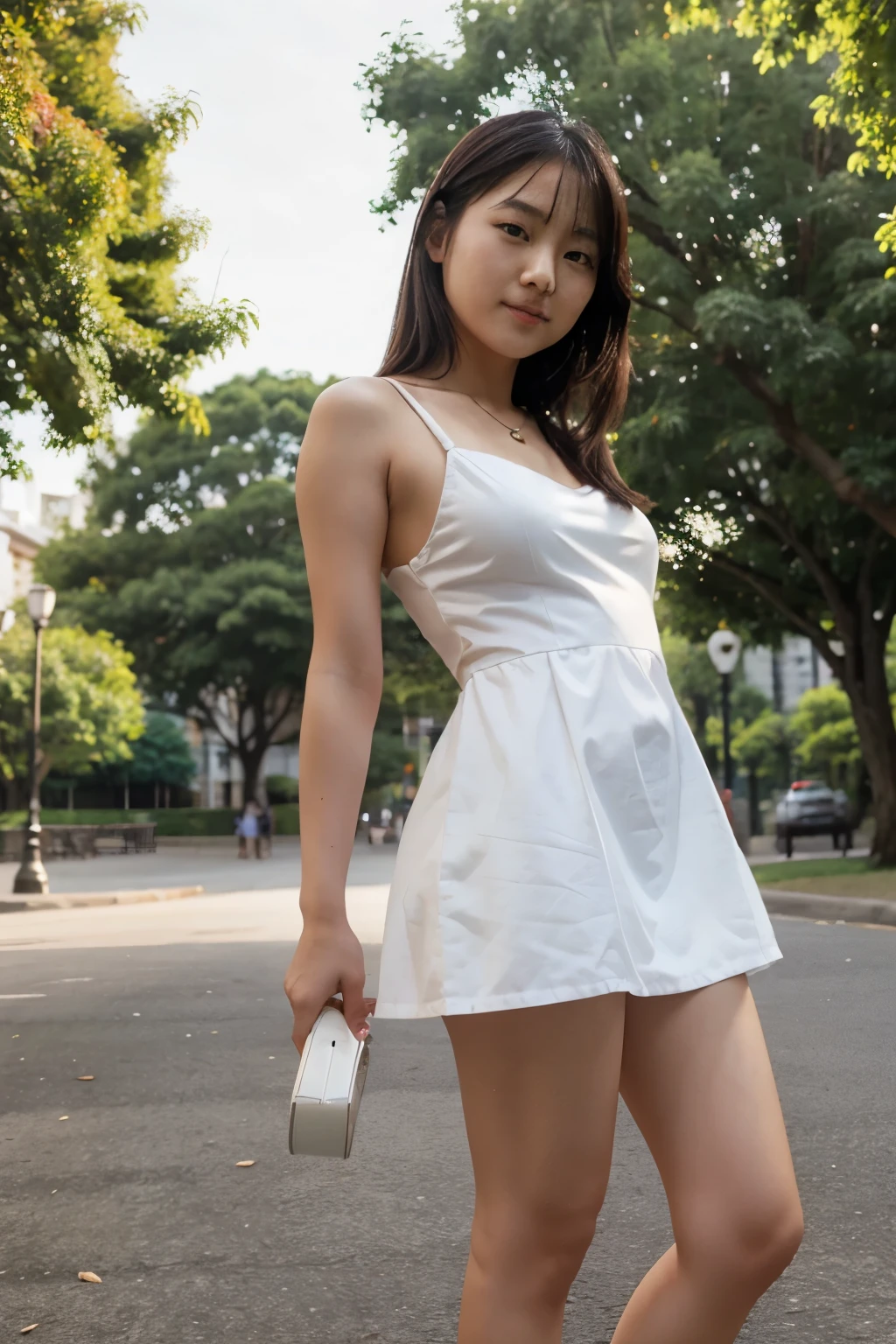 16-year-old Taiwanese beauty,squatting pose,Look up at the perspective,Wear transparent clothing ,Skateboard with your toes