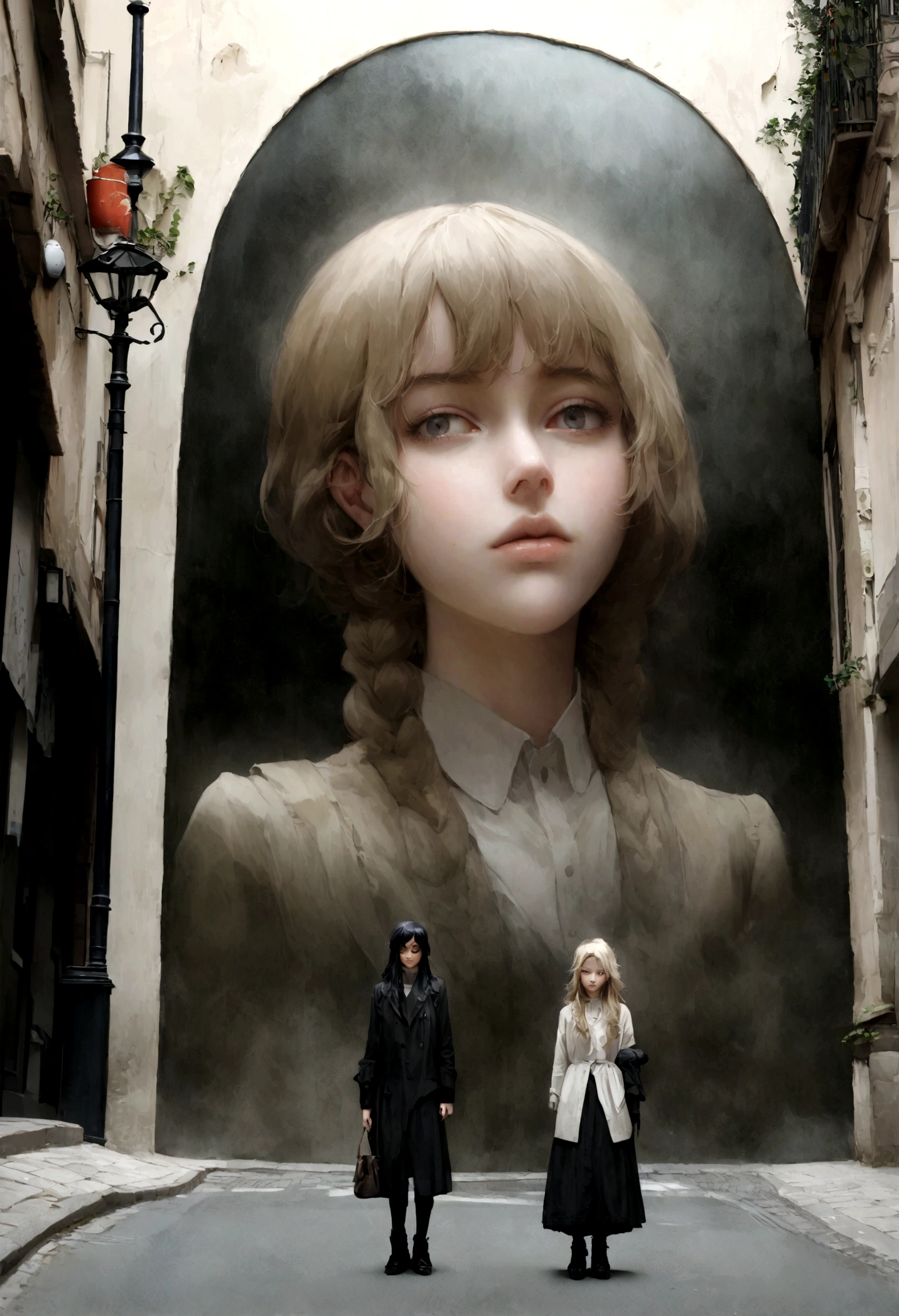 Réalité et illusion Jeune femme en vêtements formels dans la rue, un ton sombre sur la photo cheveux blonds