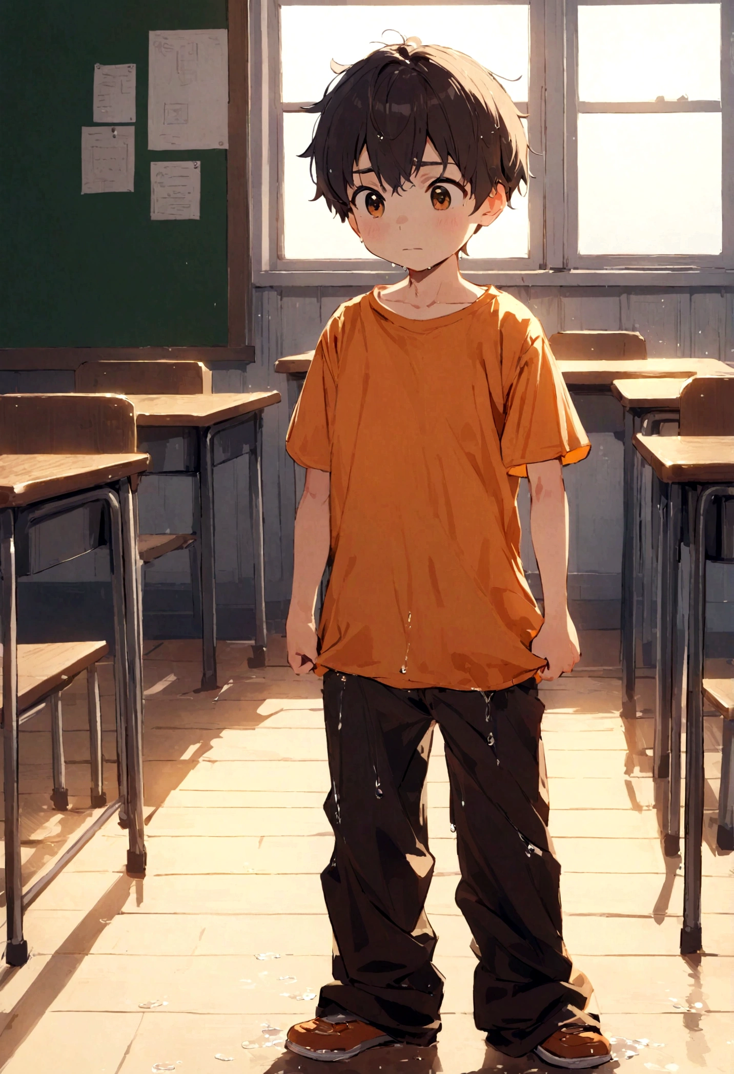 A cute 9--old  named Alex Janny wearing an orange t-shirt in the classroom standing, water on his pants and little bit of water on the floor where he stands, Alex looking confused, ((cute))