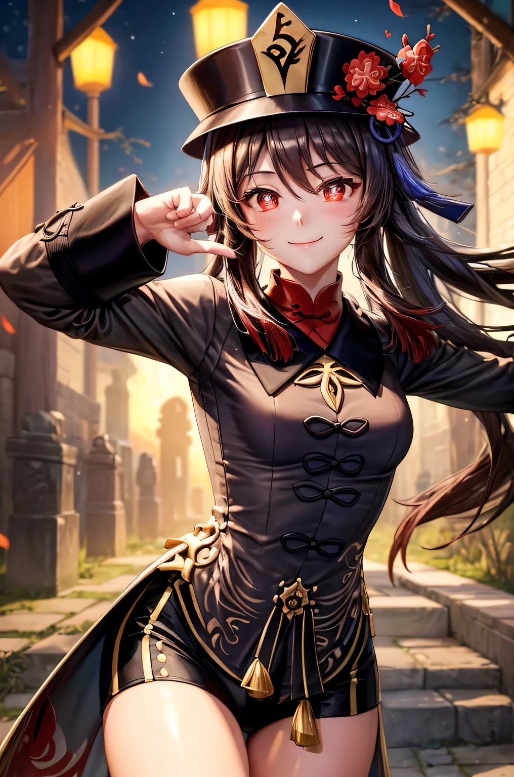 ((hutaodef)):1.5,((masterpiece,highest quality,Highly detailed images,Beautiful images、Realistic、Photorealistic、2.5D))((hutao images,A graveyard in a dark forest、Many gravestones、Fun pose、Bright natural light throughout、Backlight、A fantastic atmosphere、Dust flutters)),(Close-up image of hutao)、((small breasts))(smile)Deformed human soul