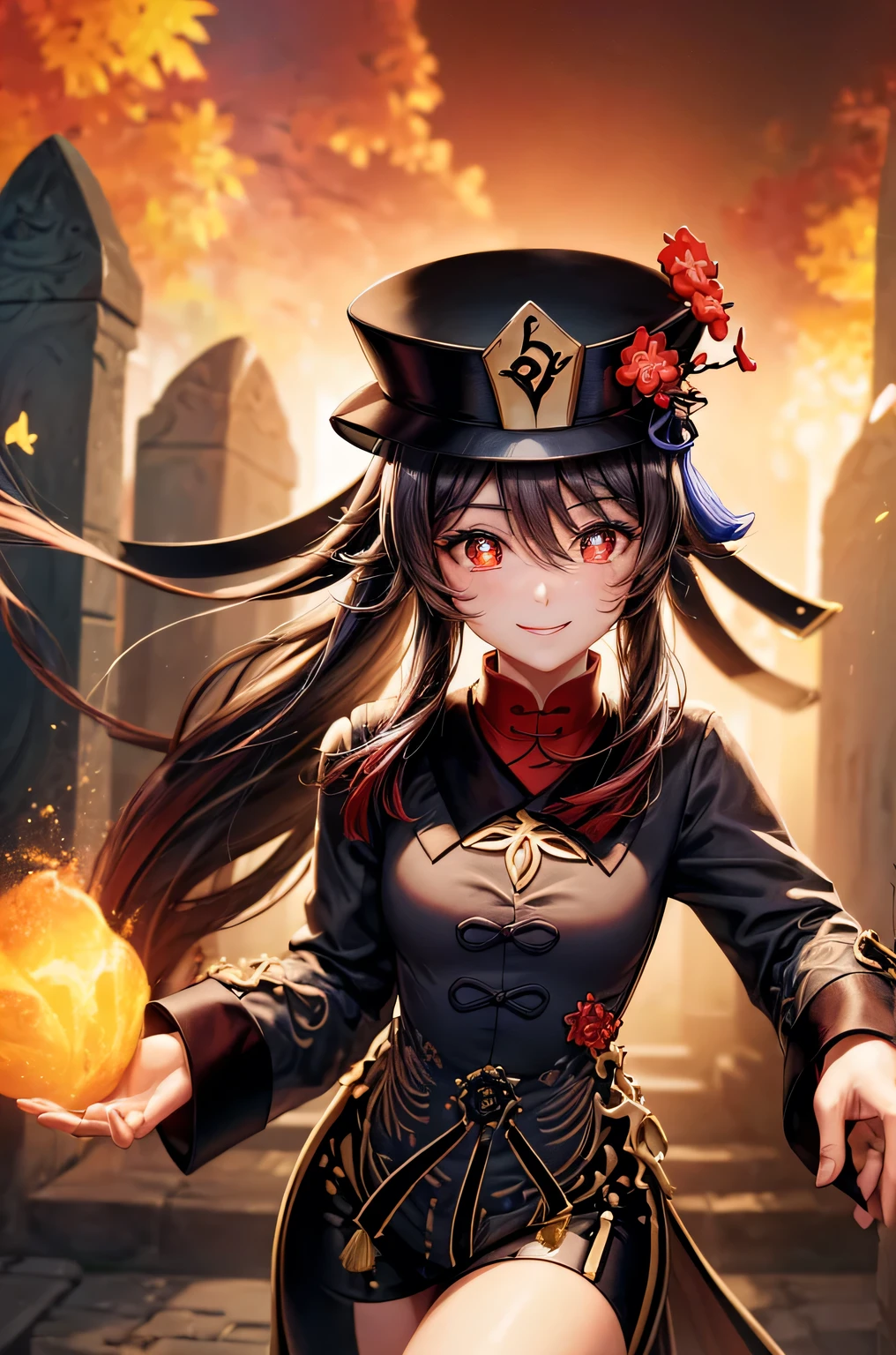 ((hutaodef)):1.5,((masterpiece,highest quality,Highly detailed images,Beautiful images、Realistic、Photorealistic、2.5D))((hutao images,A graveyard in a dark forest、Many gravestones、Fun pose、Bright natural light throughout、Backlight、A fantastic atmosphere、Dust flutters)),(Close-up image of hutao)、((small breasts))(smile)Deformed human soul
