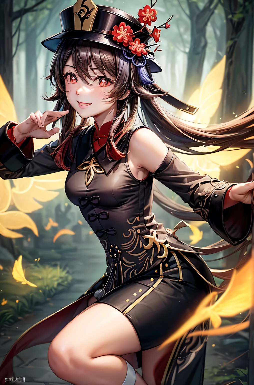 ((hutaodef)):1.5,((masterpiece,highest quality,Highly detailed images,Beautiful images、Realistic、Photorealistic、2.5D))((hutao images,A graveyard in a dark forest、Many gravestones、Fun pose、Bright natural light throughout、Backlight、A fantastic atmosphere、Dust flutters)),(Close-up image of hutao)、((small breasts))(smile)Deformed human soul