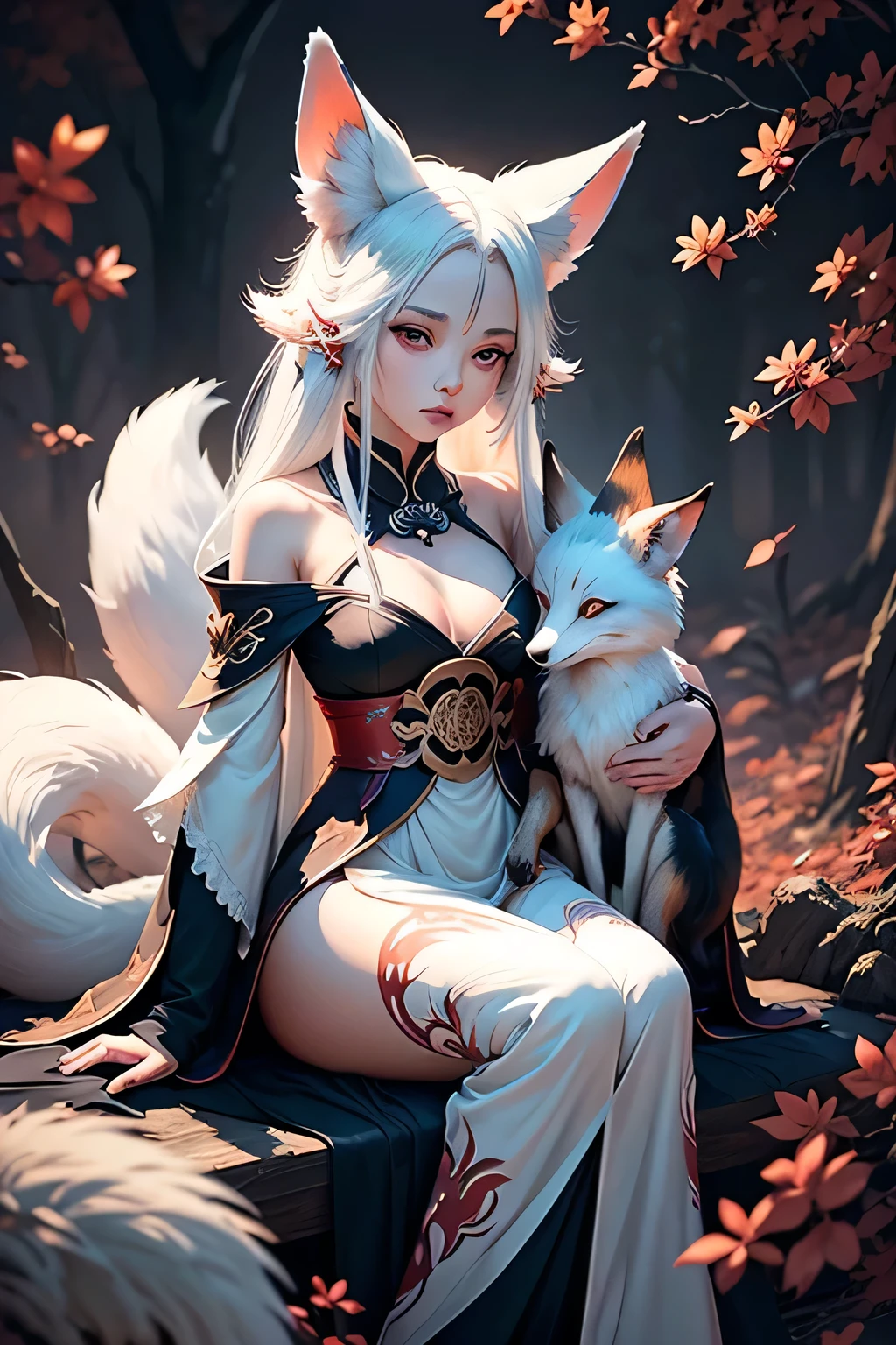 Painting of a fox with white hair sitting on a branch，ethereal fox，nine tail fox，Fox three-tailed fox，Onmyoji detailed art，Nine Tails，a beautiful artwork illustration，mythological creatures，red fox，Beautiful digital artwork，Exquisite digital illustration，mizutsune , Inspired by the mythical creature wildnet，Digital art on Pixiv，strong lights，hight contrast，Horror movie theme，Dark atmosphere，Complete body structure