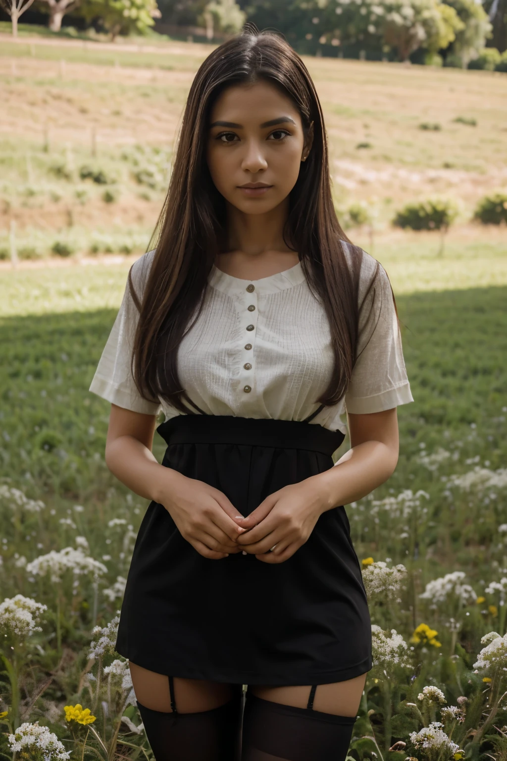 (Obra de arte), (melhor qualidade), (altamente detalhado),black pantyhose, saia, ouvidos,standing, campo de flores,20 anos de idade, Cabelo loiro escuro, olhos azuis, obra de arte, alta qualidade, 8K,