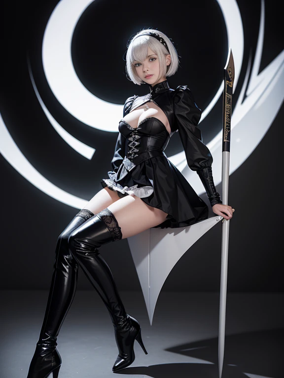 8K,Masterpiece,One woman,(Combat pose),Holding a naginata,Smile,30 years old,blue eyes,White Hair,Short Bob Hair,(Gothic Lolita),Dutch beauty,Ella Freya（Ella Freya),(White panties),2b, short hair, Knee socks, gloves, Long sleeve, dress, Slender figure, Cleavage, Small breasts, Gray Hair, hair band, boots, Puffy sleeves, black Knee socks, Black footwear, Mole, black dress, High heels, leotard, Clothing cutouts, thigh boots, Cleavage cutout, black hair band, Juliet Sleeve, high heel boots,Dynamic Angle